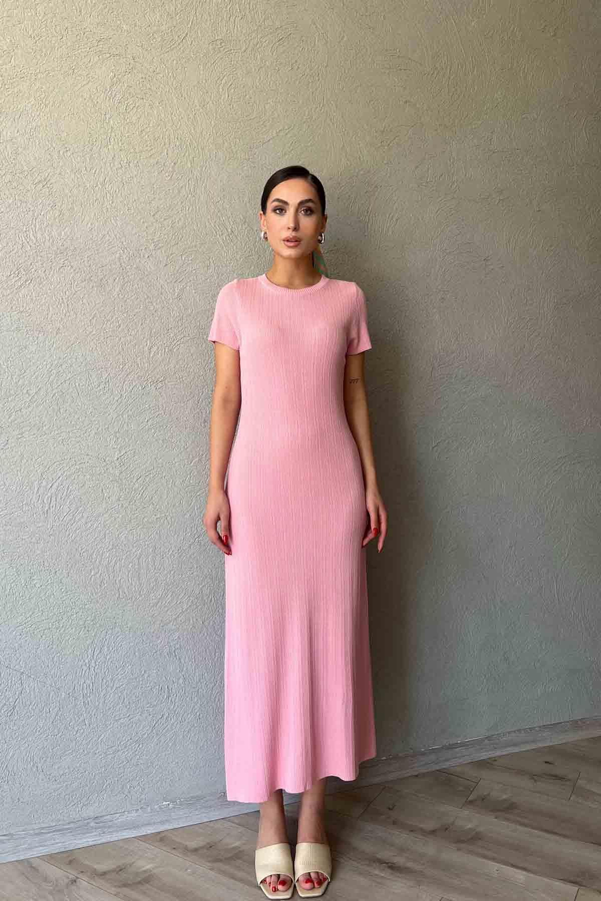 Pembe Kısa Kol Fitilli Midi Boy Triko Elbise
