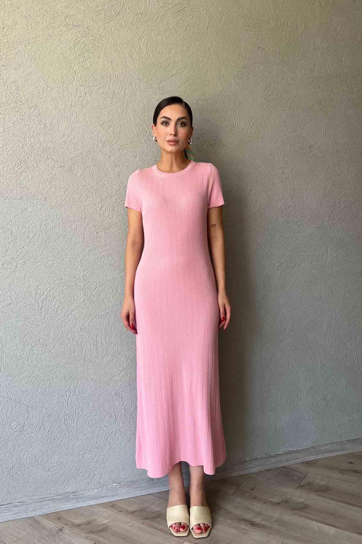 Pembe Kısa Kol Fitilli Midi Boy Triko Elbise