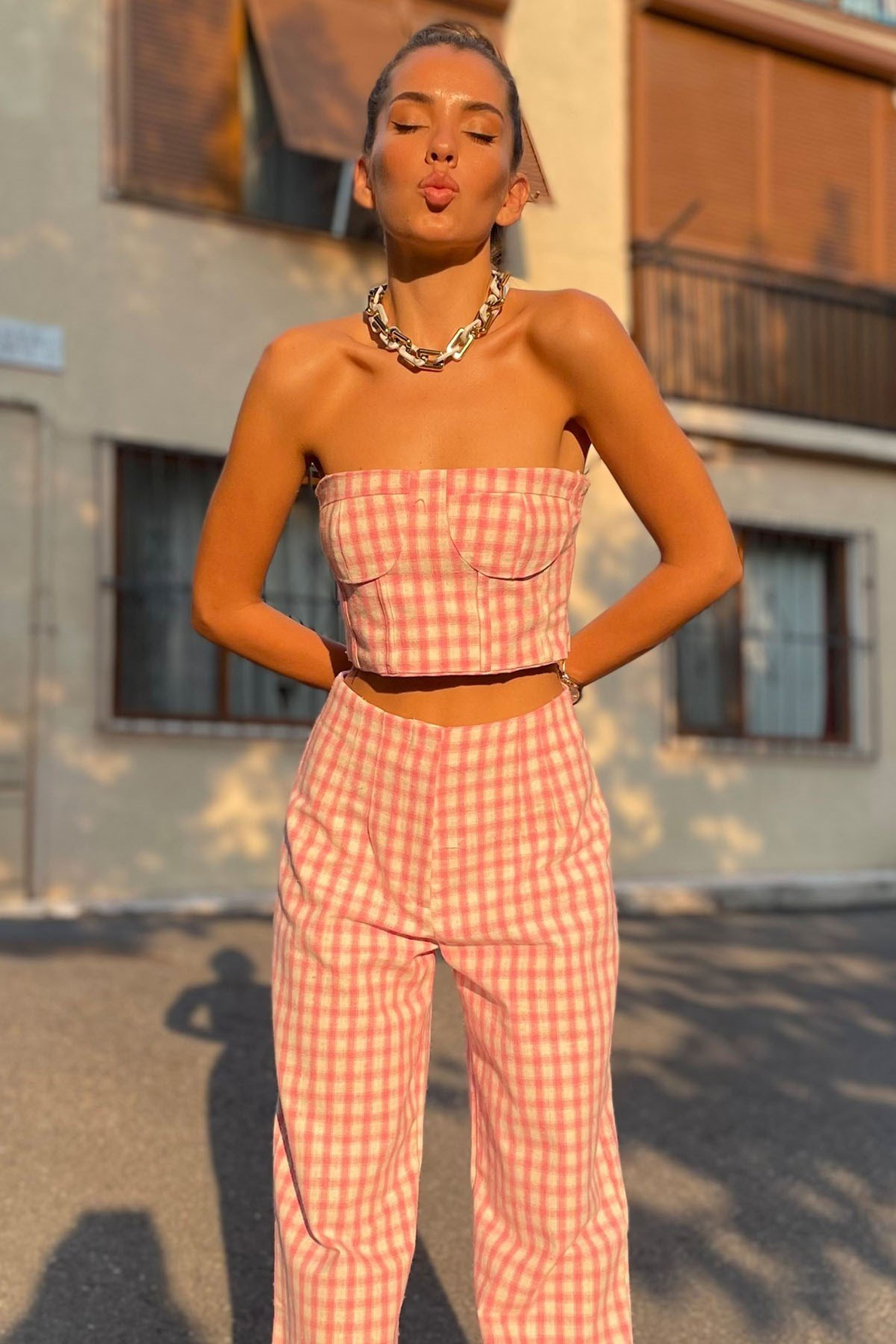 Pembe Pötikareli Büstiyer ve Pantolon Takım