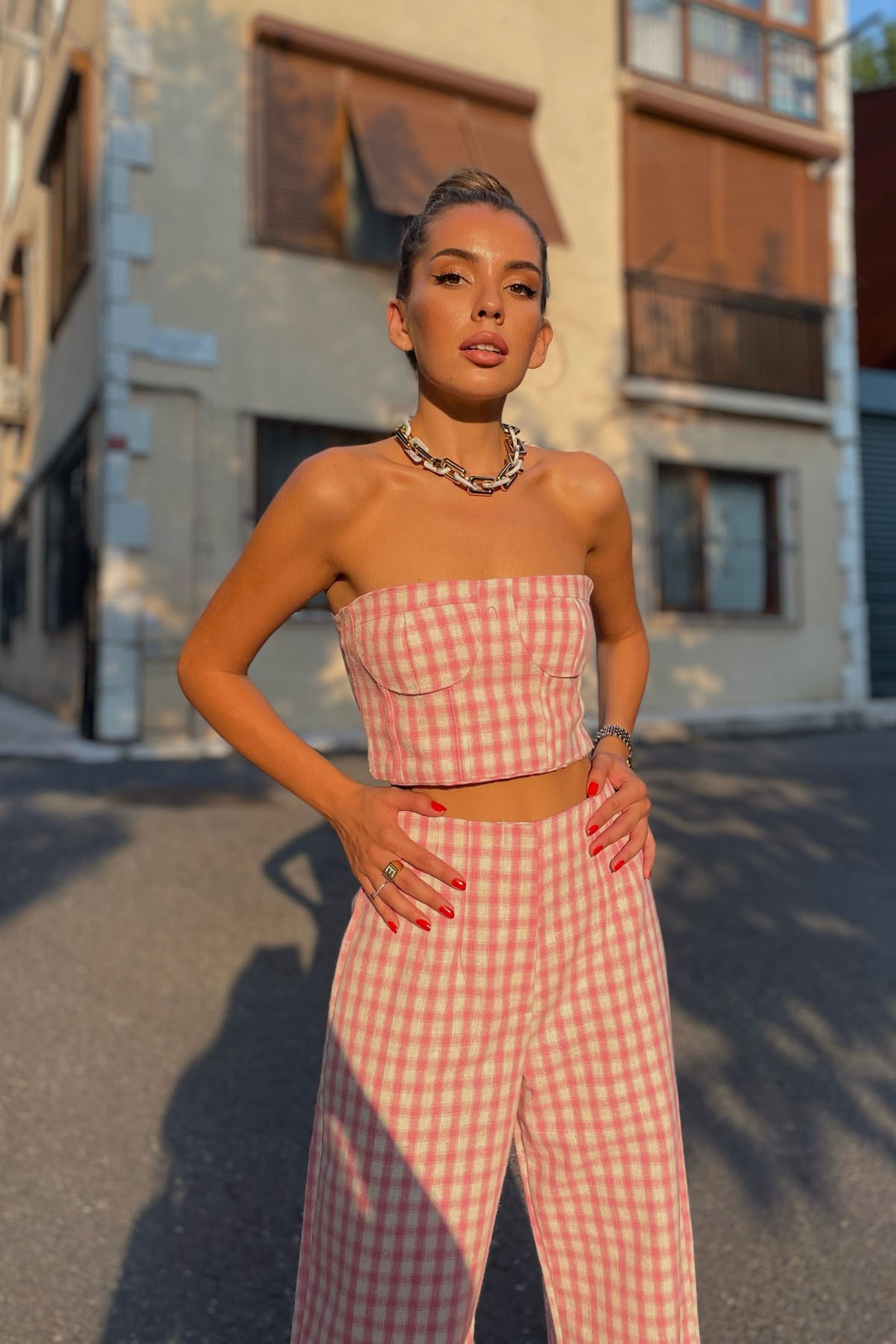 Pembe Pötikareli Büstiyer ve Pantolon Takım