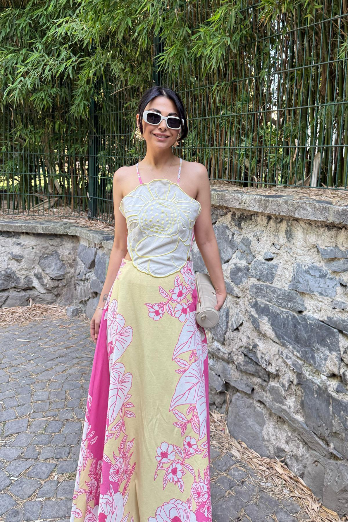 Pembe Renkli Positano Sırt Bağlamalı ve Çiçek Desenli Keten Elbise