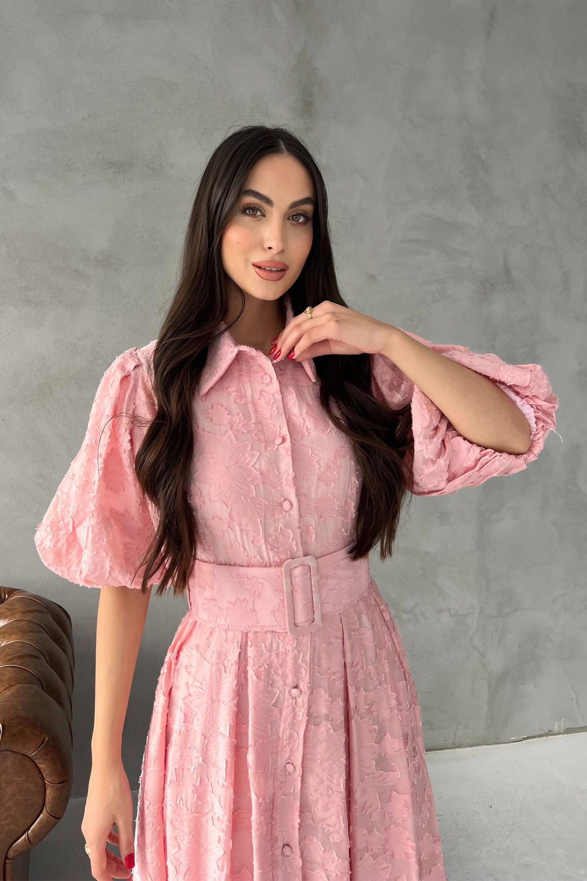 Pembe Venil Balon Kol Kemerli Kloş Elbise