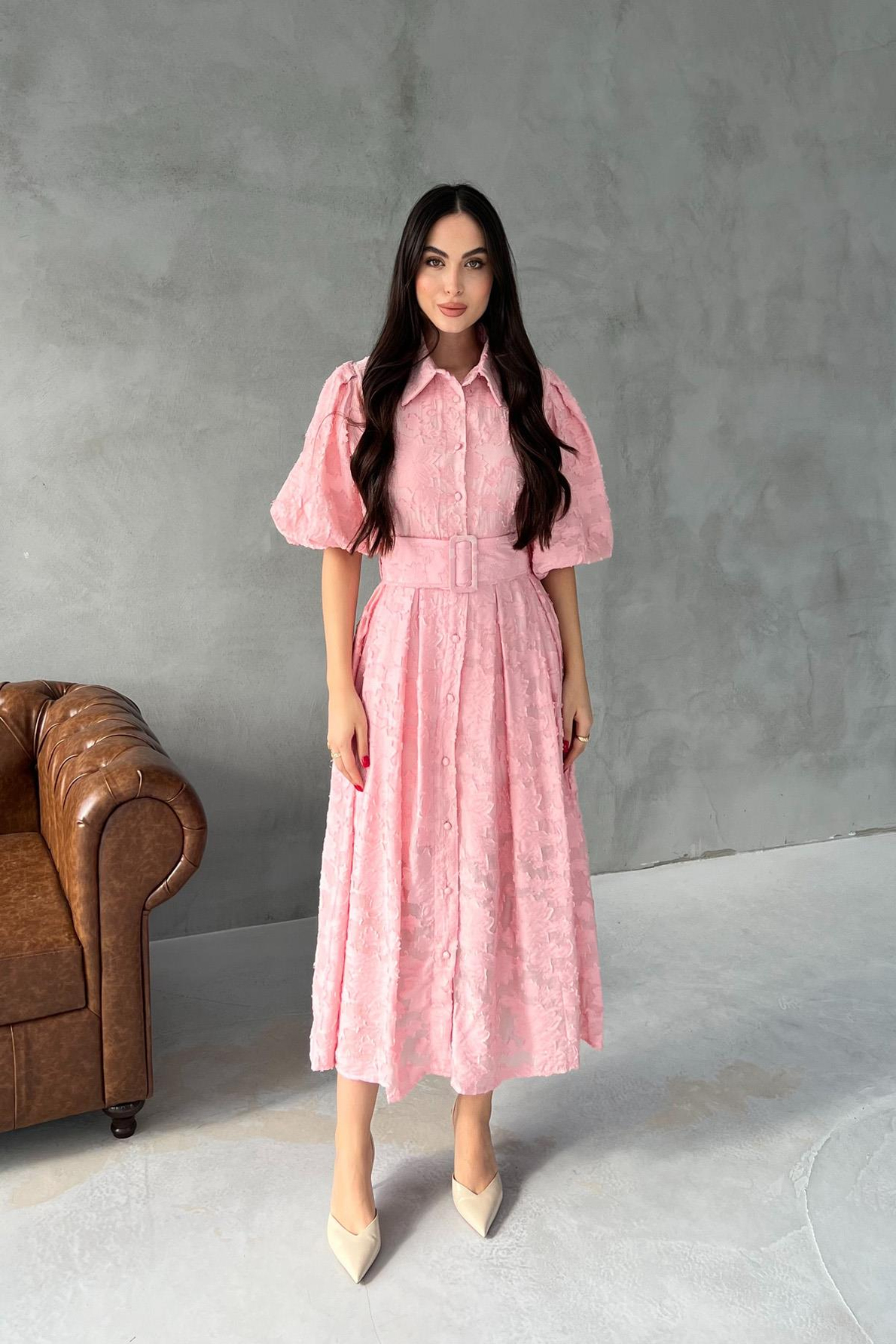 Pembe Venil Balon Kol Kemerli Kloş Elbise