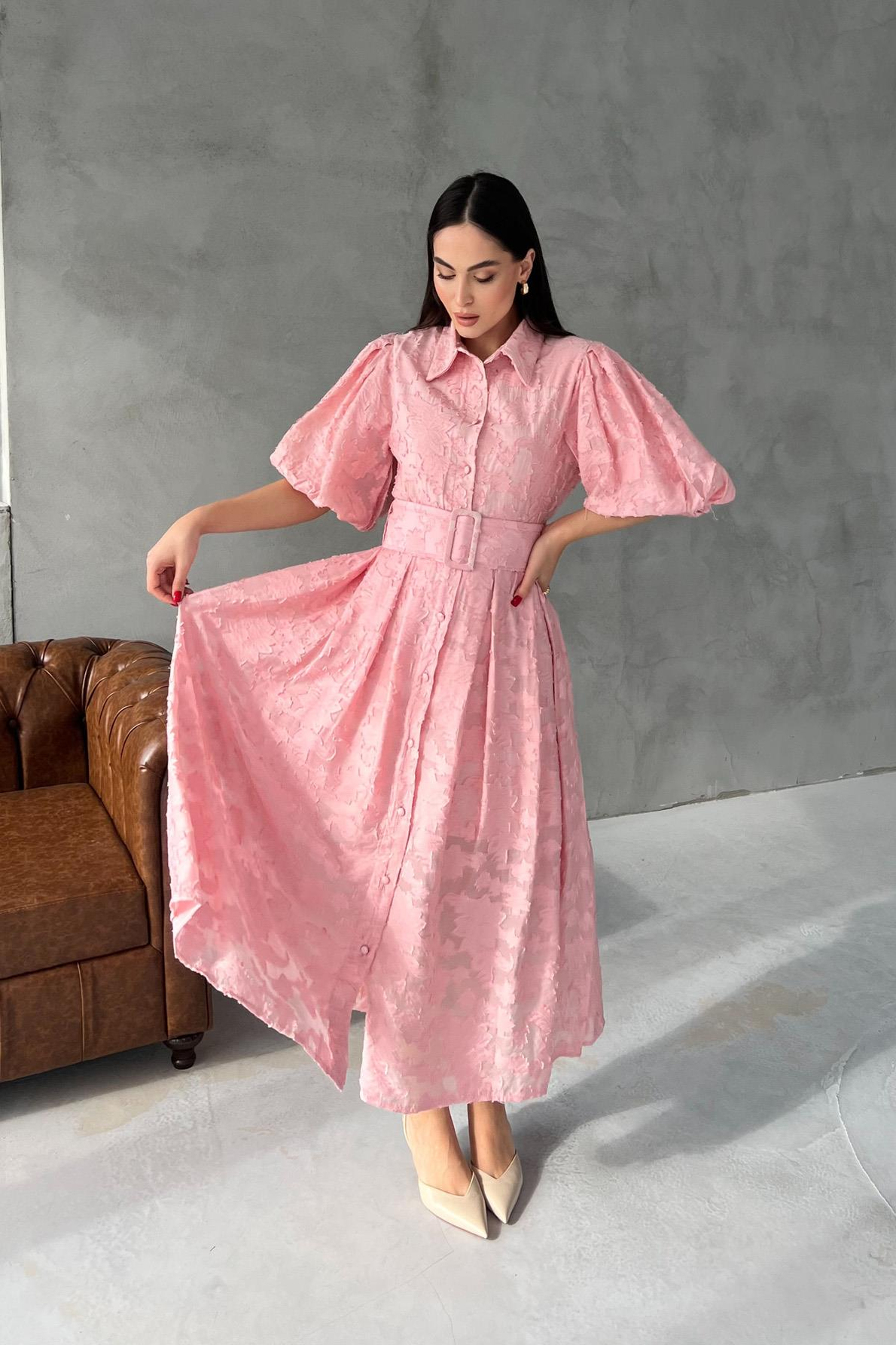 Pembe Venil Balon Kol Kemerli Kloş Elbise