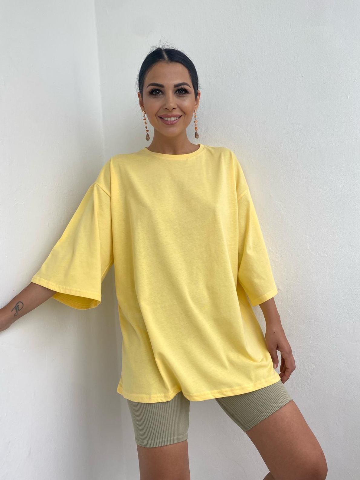 Sarı Bisiklet Yaka Oversize Tshirt