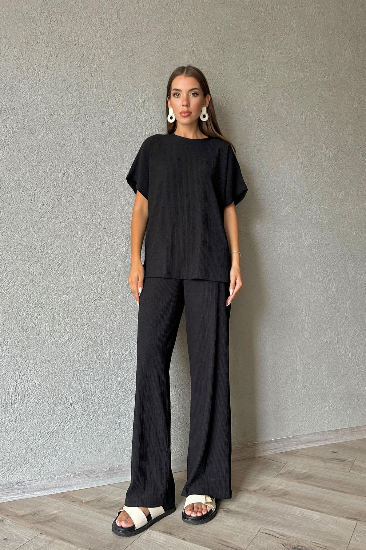 Siyah Gofre Tshirt ve Pantolon Takım