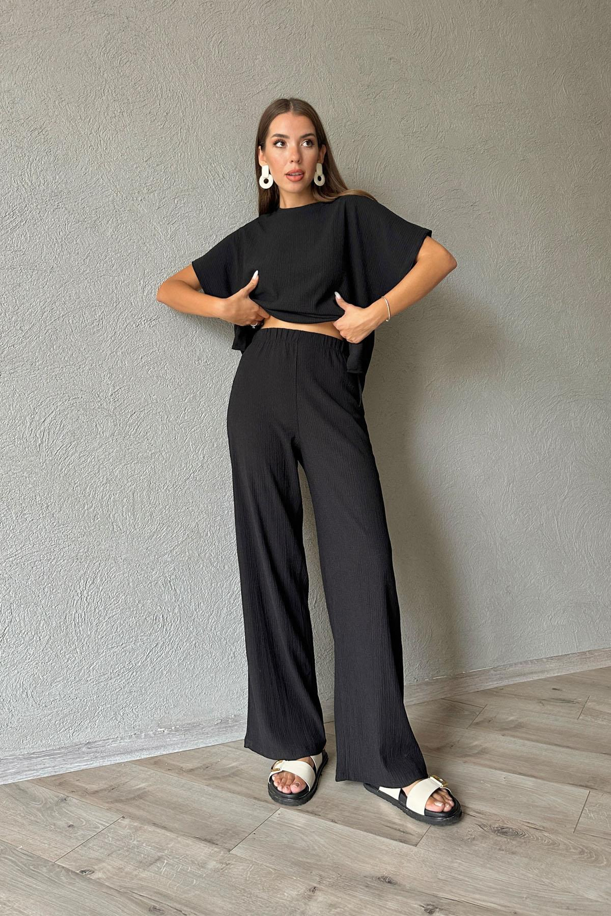 Siyah Gofre Tshirt ve Pantolon Takım