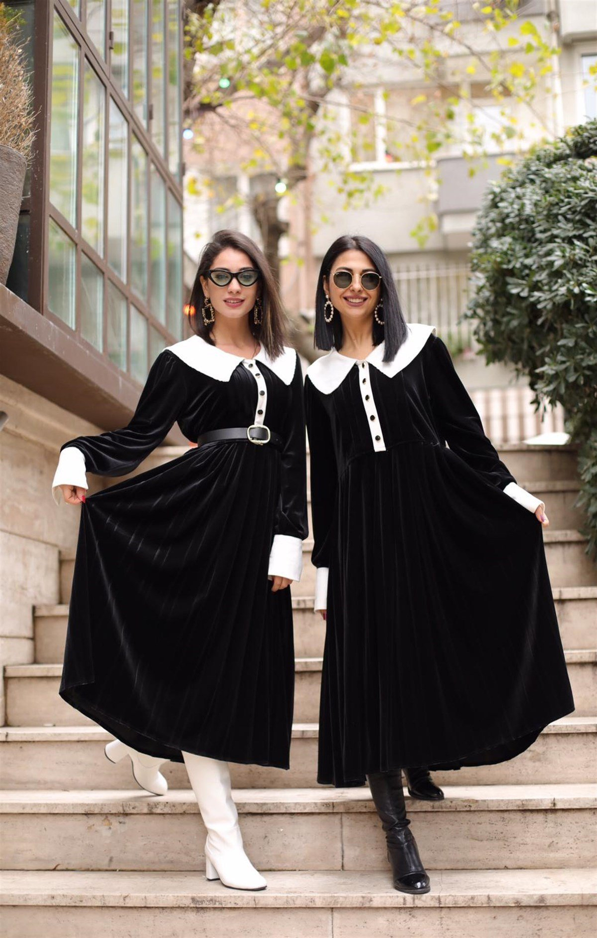 Siyah Kadife Piliseli Salaş Elbise