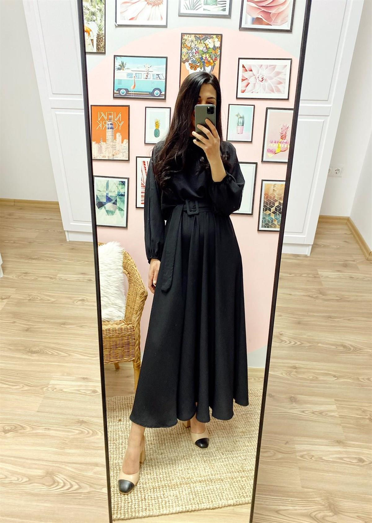 Siyah Kloş Maxi Boy Elbise