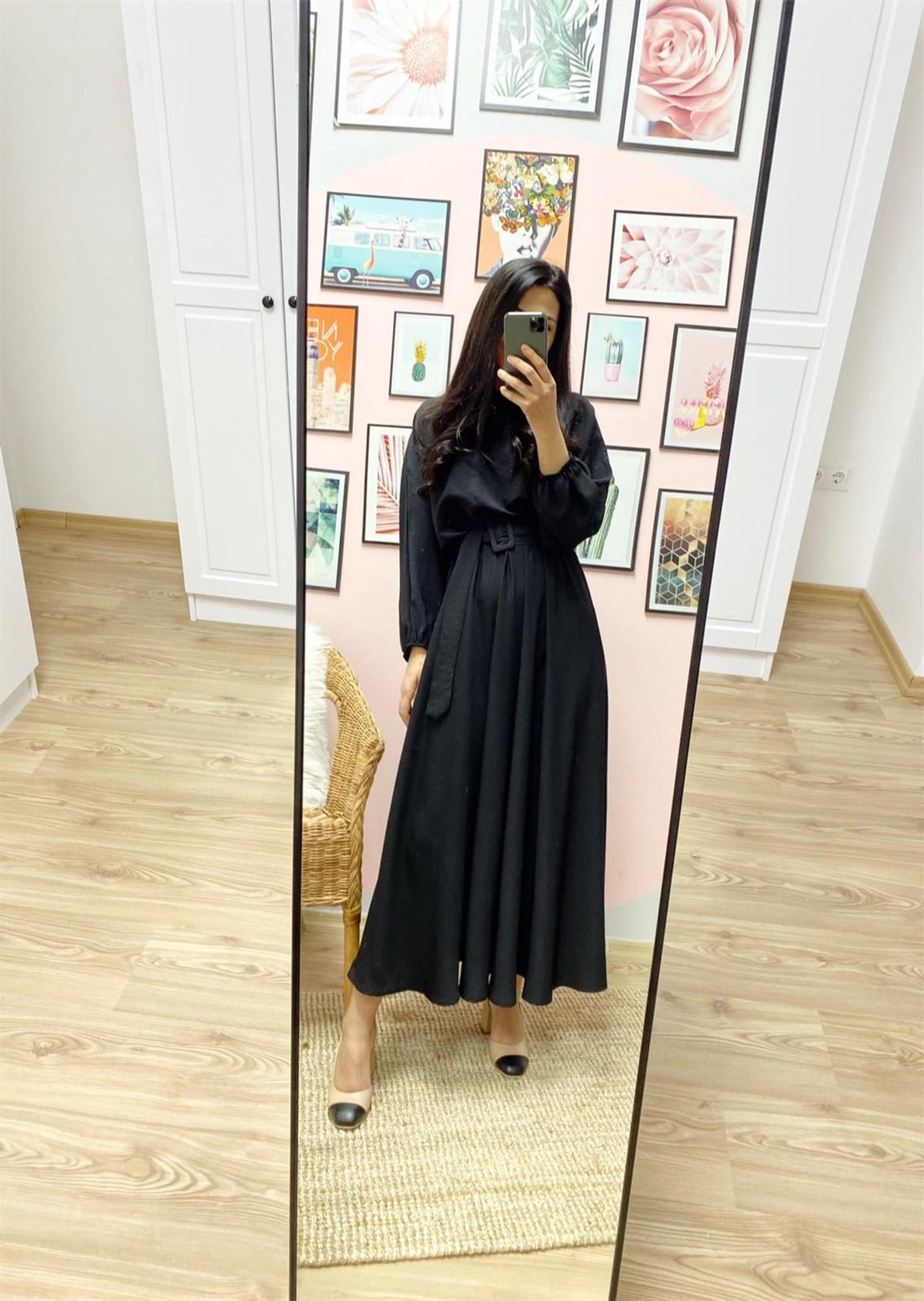 Siyah Kloş Maxi Boy Elbise