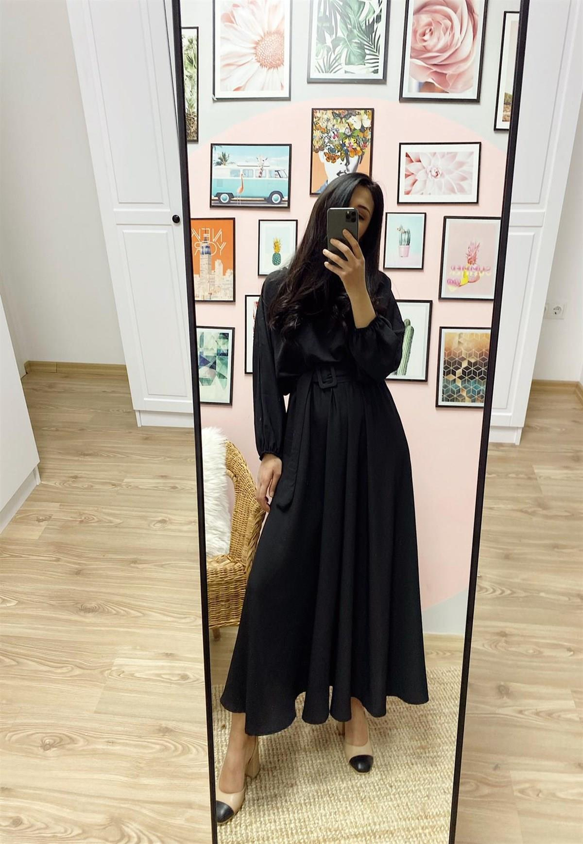 Siyah Kloş Maxi Boy Elbise