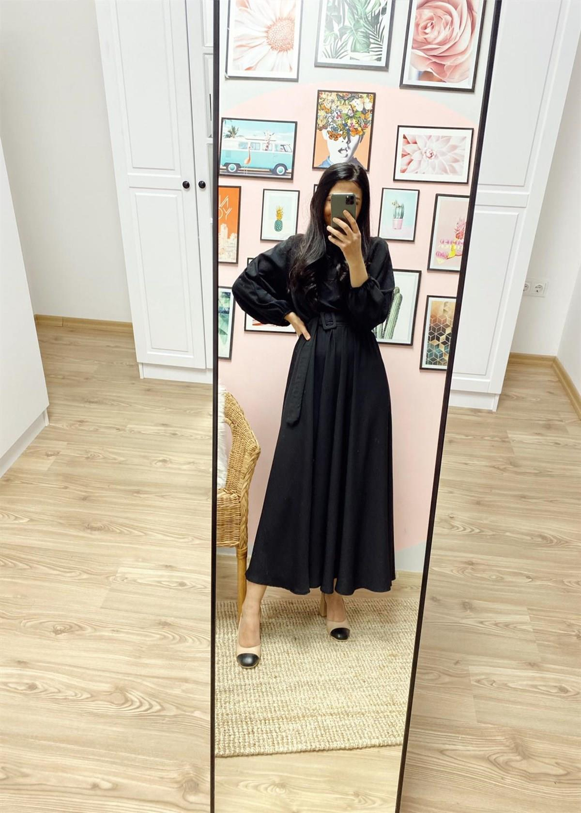 Siyah Kloş Maxi Boy Elbise