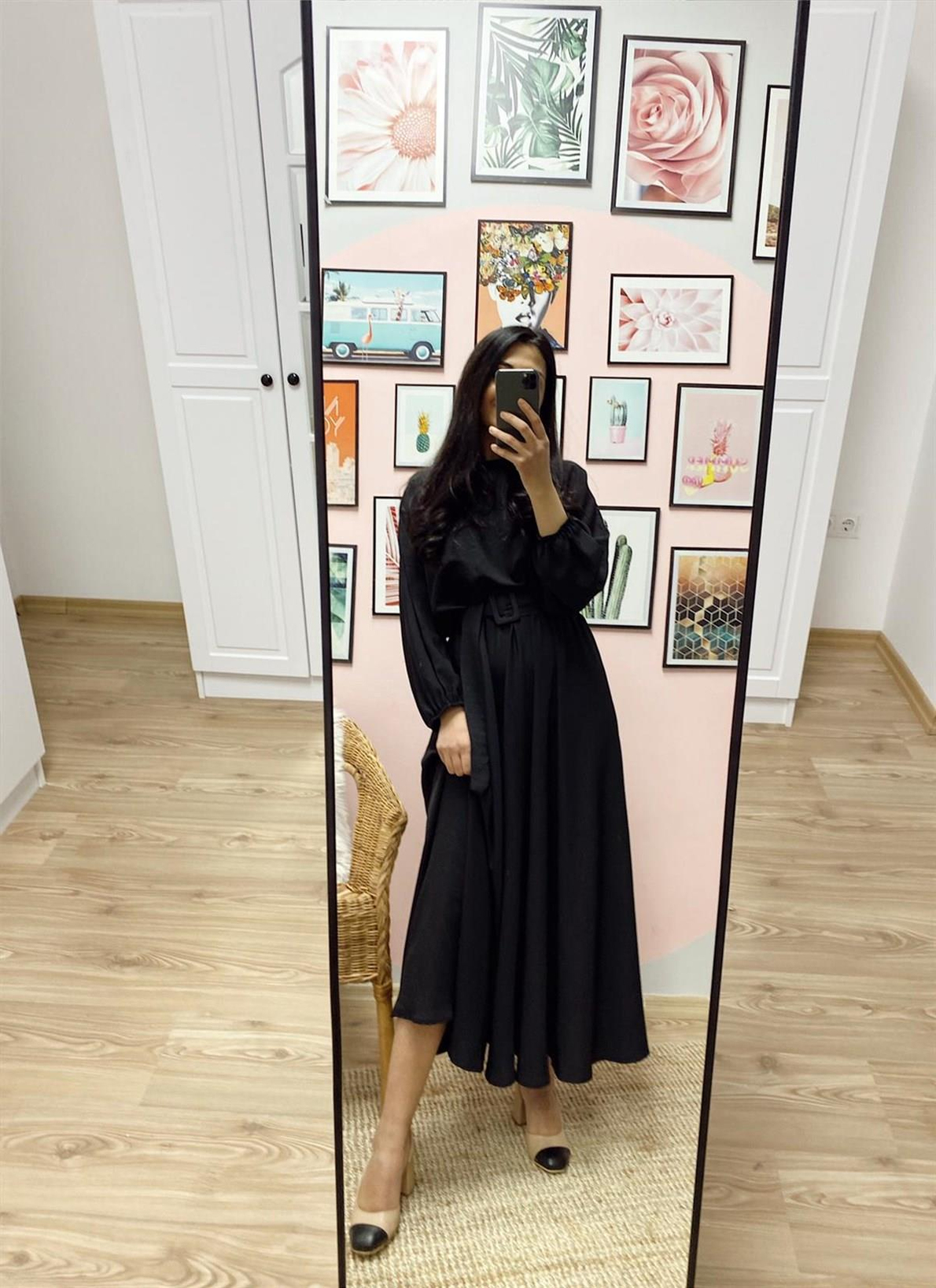 Siyah Kloş Maxi Boy Elbise