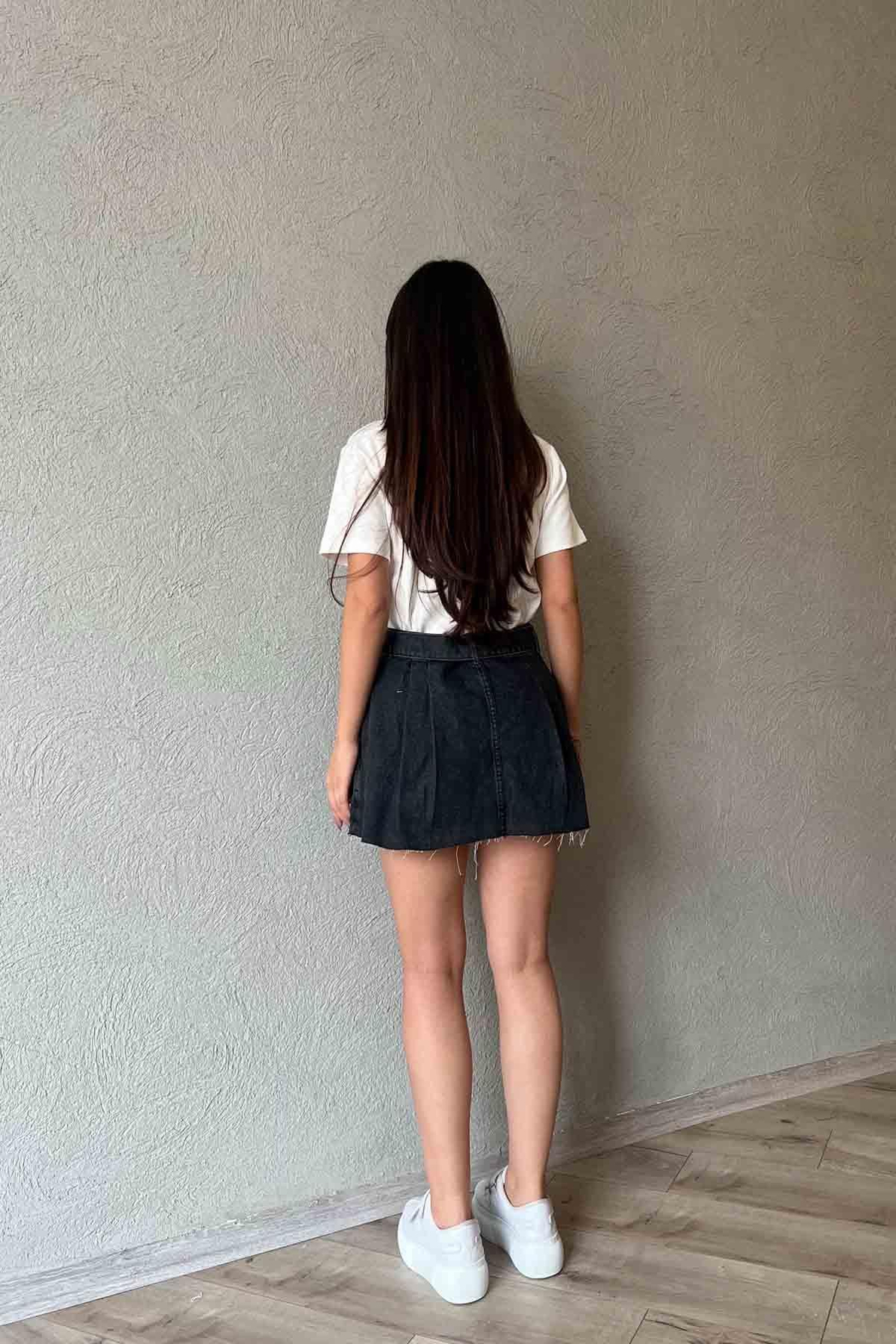 Siyah Pile Detaylı Cool Denim Etek