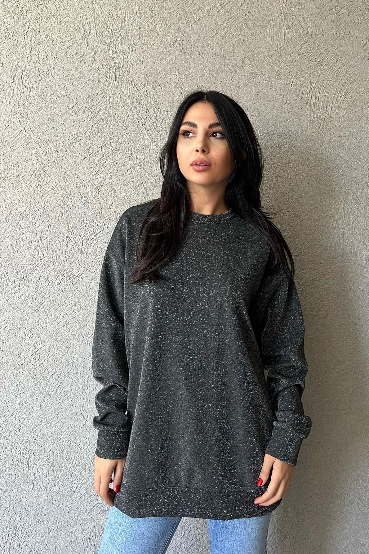 Siyah Simli Bisiklet Yaka Sweat