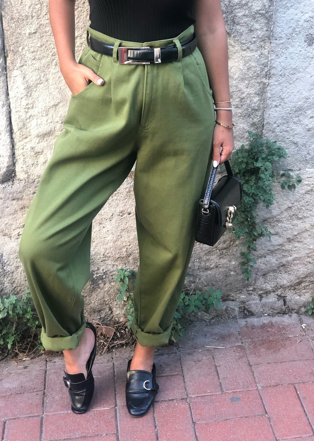 Slochy Yeşil Gabardin Pantolon