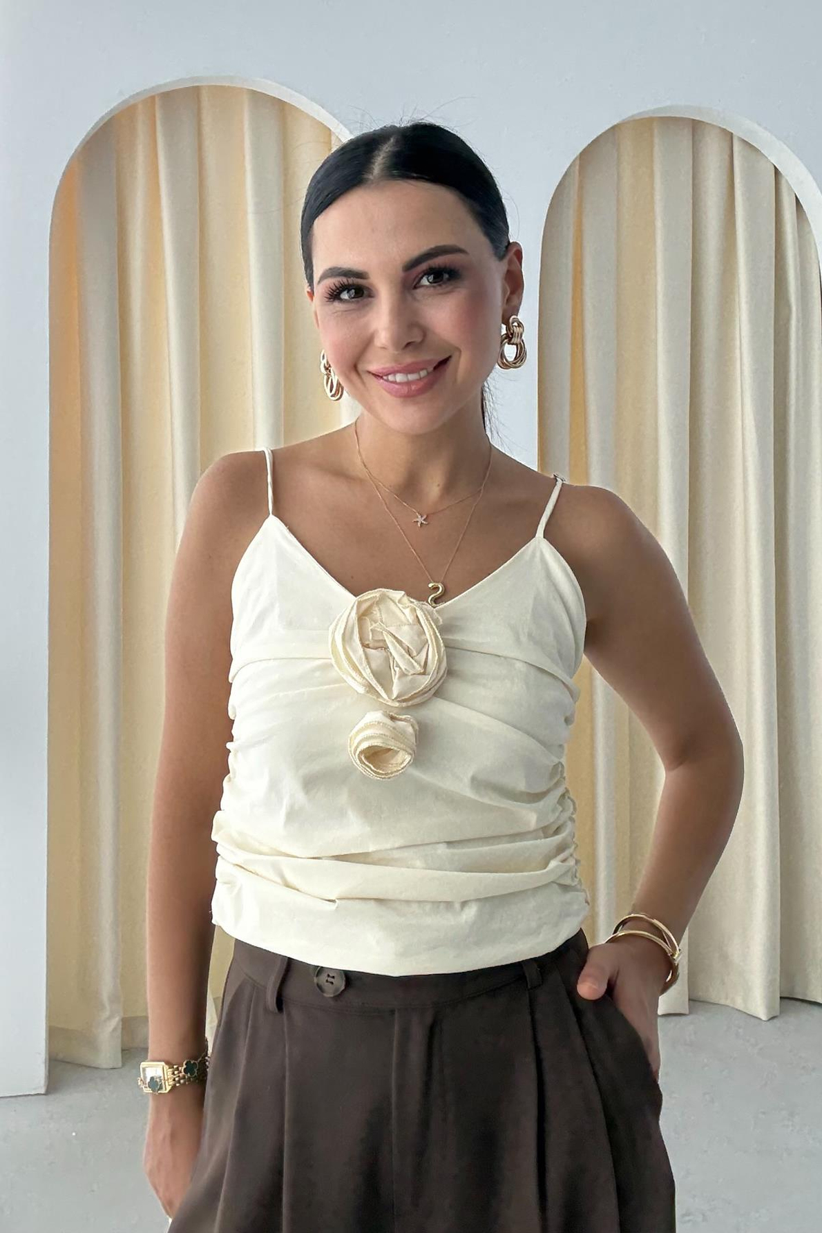 SYA Gül Detay Sarı Crop