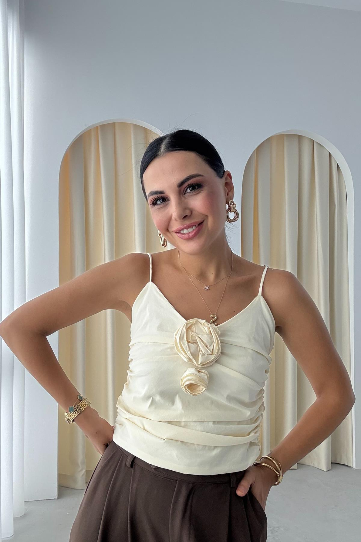 SYA Gül Detay Sarı Crop
