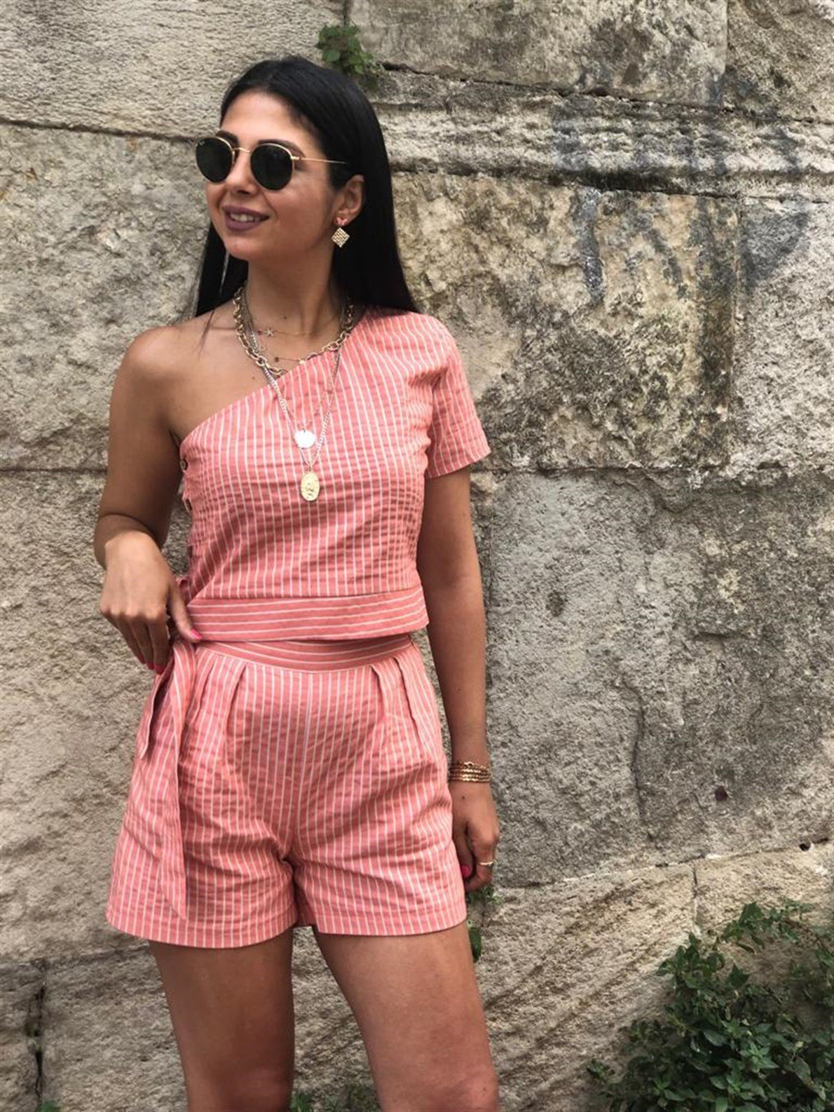 Tek Omuzlu Çizgili Bluz+Şort 2 'Li