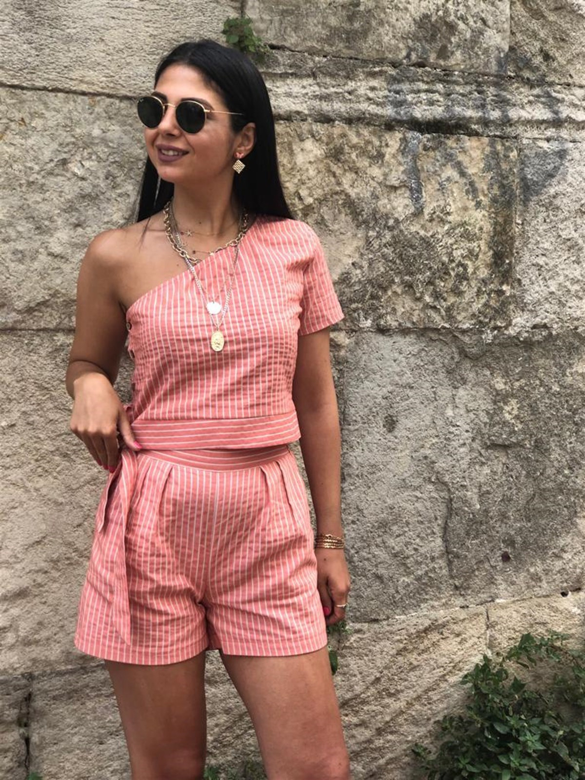 Tek Omuzlu Çizgili Bluz+Şort 2 'Li