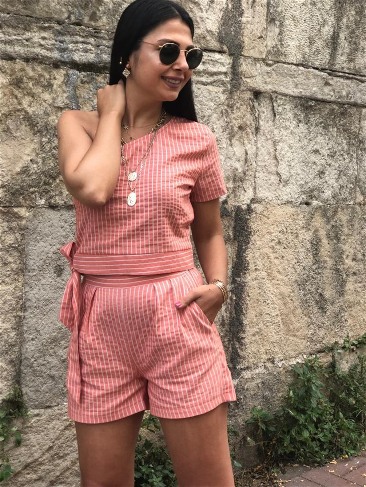 Tek Omuzlu Çizgili Bluz+Şort 2 'Li