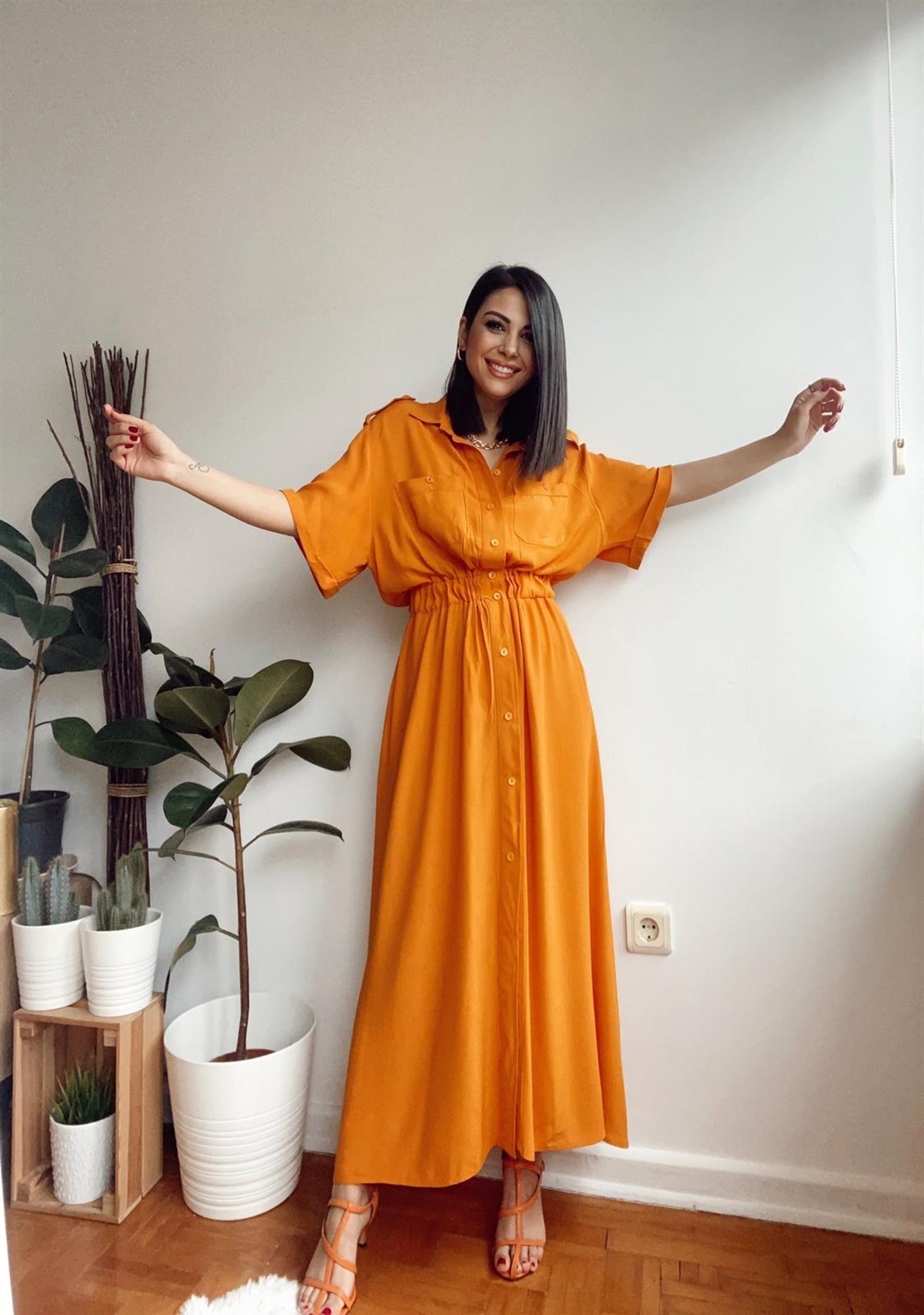 Turuncu Beli Lastikli Maxi Elbise