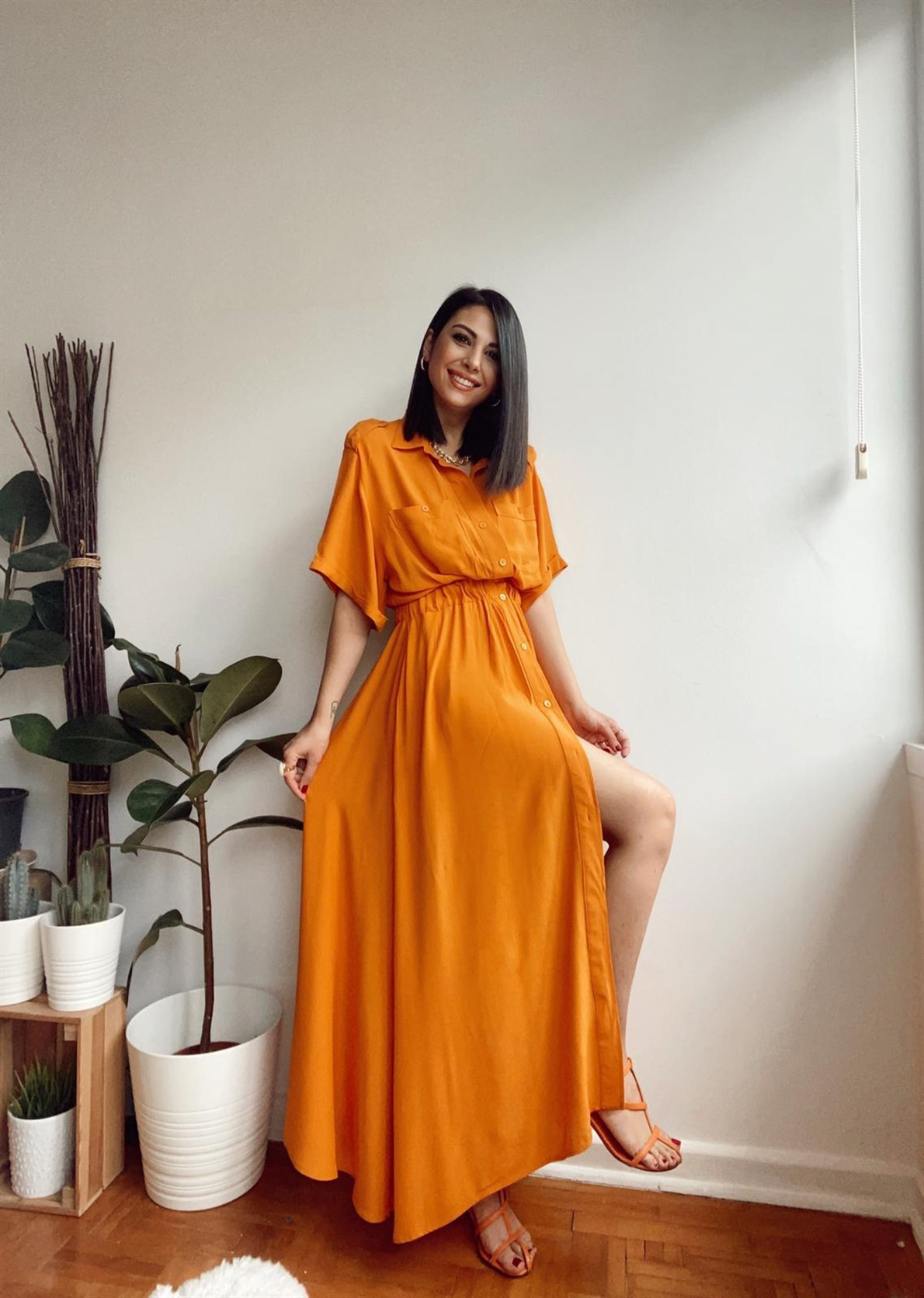Turuncu Beli Lastikli Maxi Elbise