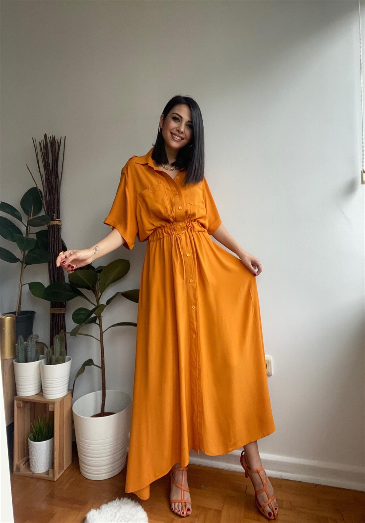 Turuncu Beli Lastikli Maxi Elbise