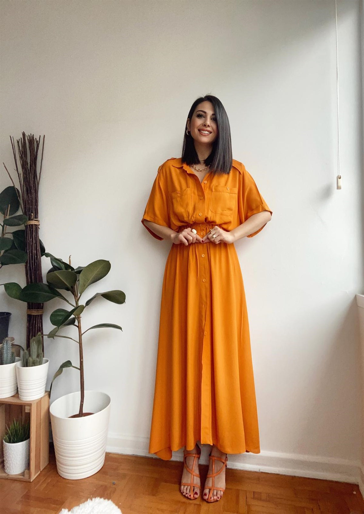 Turuncu Beli Lastikli Maxi Elbise