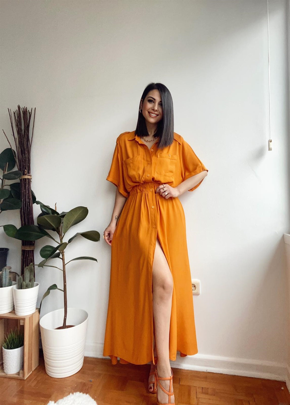 Turuncu Beli Lastikli Maxi Elbise