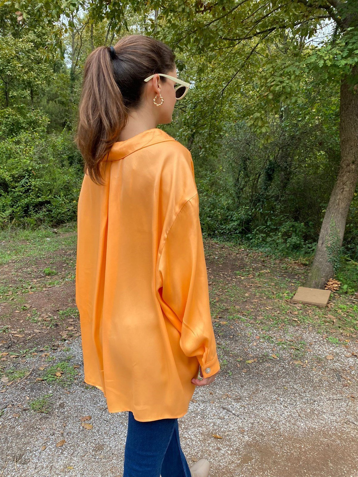 Turuncu Oversize Saten Gömlek