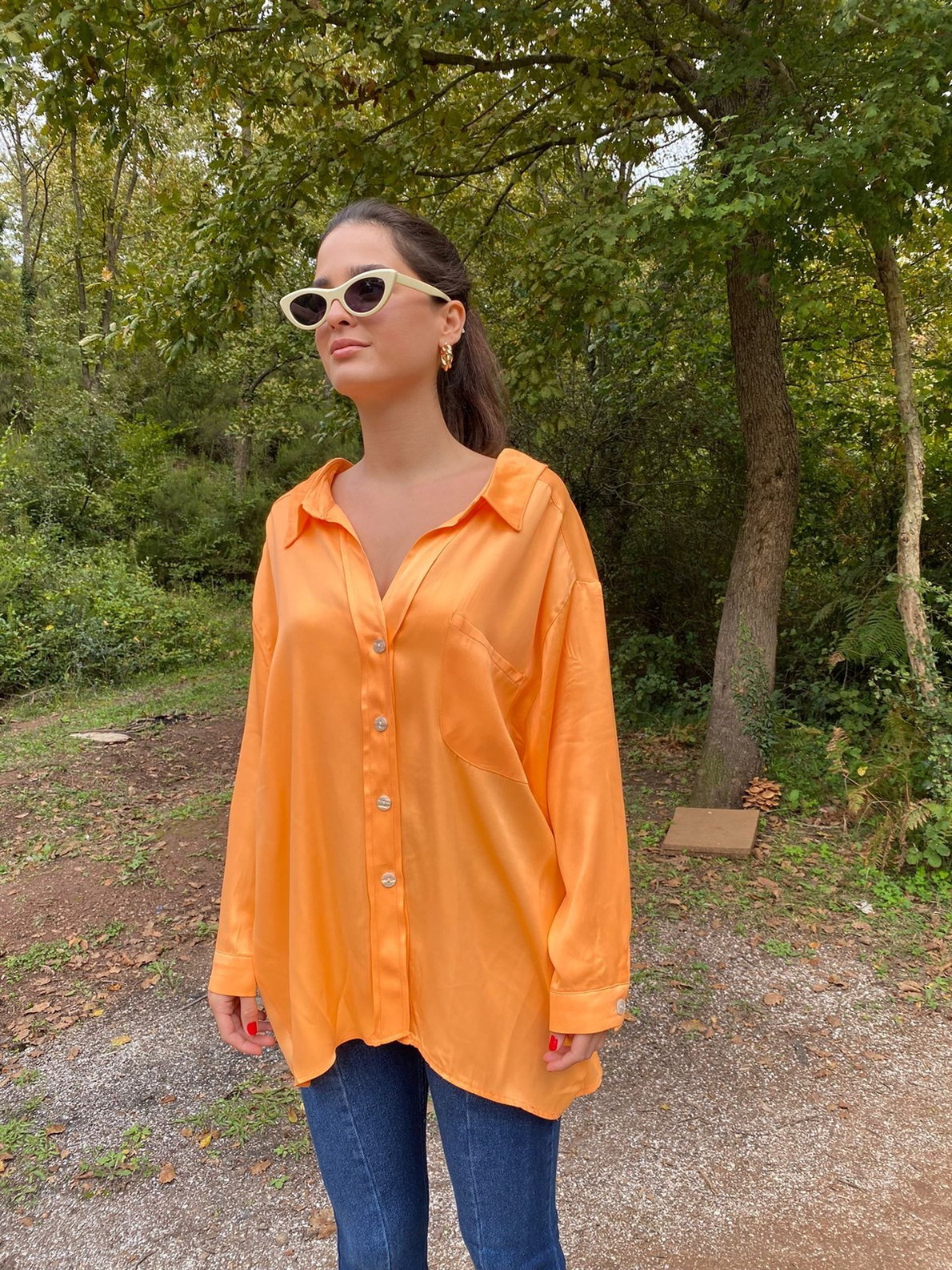 Turuncu Oversize Saten Gömlek