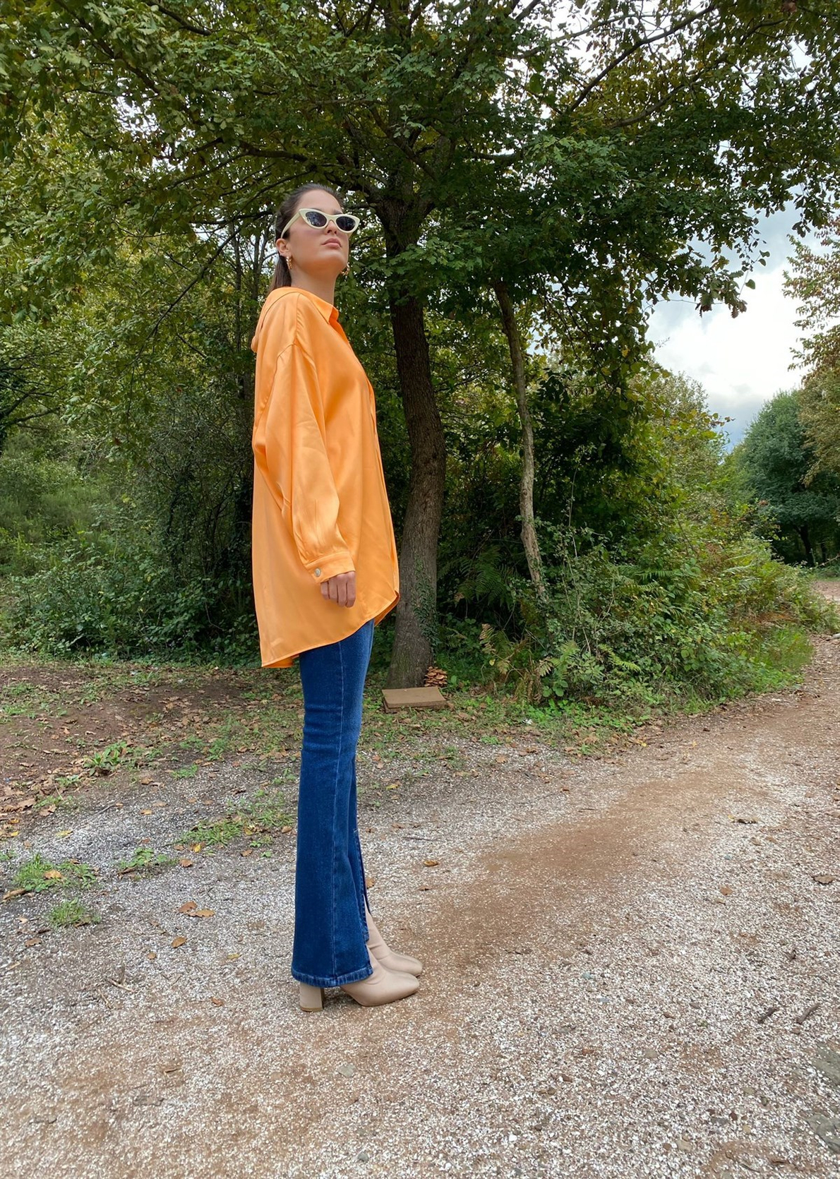 Turuncu Oversize Saten Gömlek
