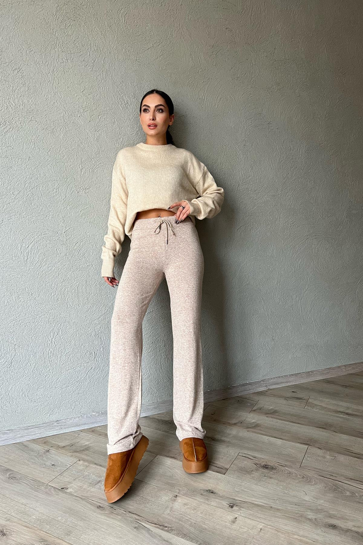 Vizon Beli Lastikli Bağlamalı Bol Paça Pantolon