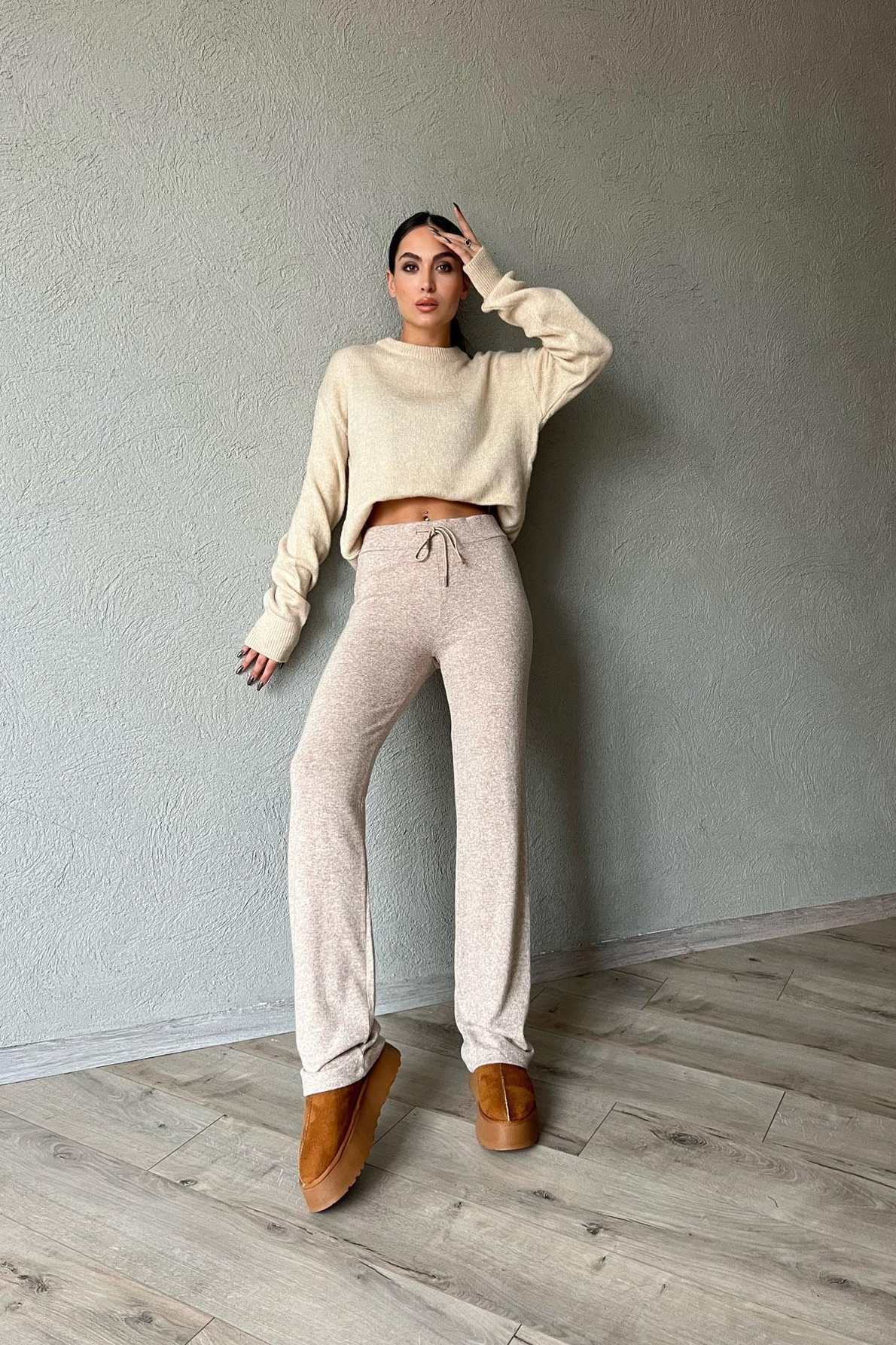 Vizon Beli Lastikli Bağlamalı Bol Paça Pantolon