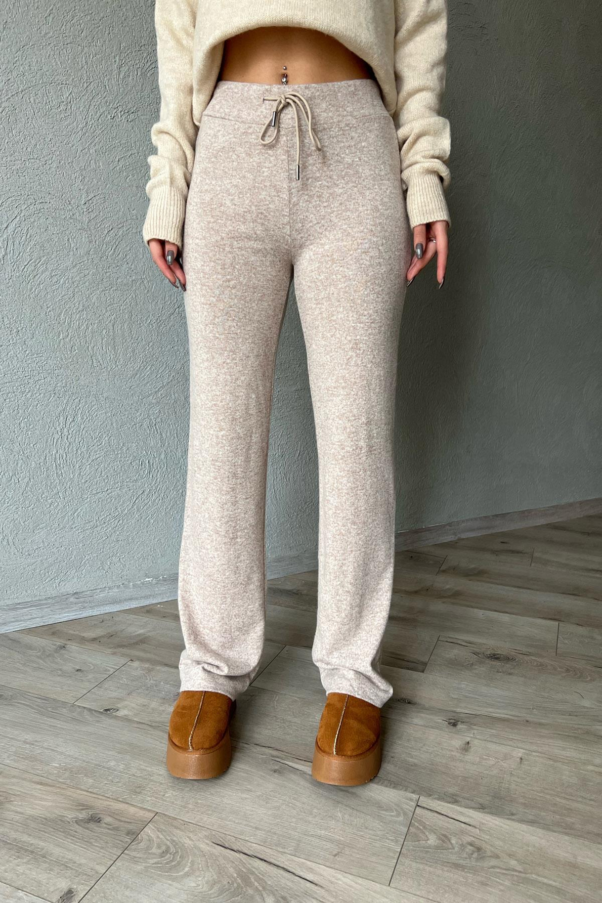Vizon Beli Lastikli Bağlamalı Bol Paça Pantolon