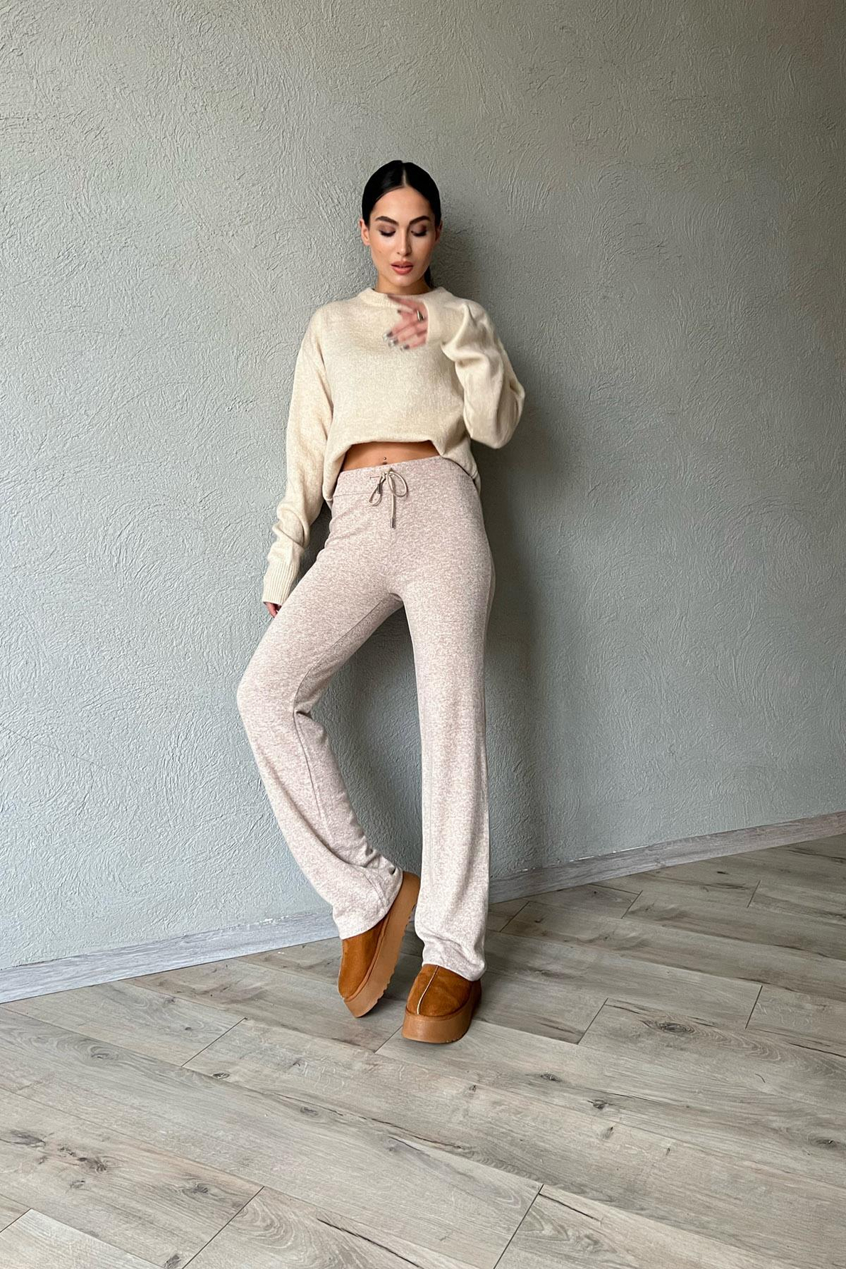 Vizon Beli Lastikli Bağlamalı Bol Paça Pantolon