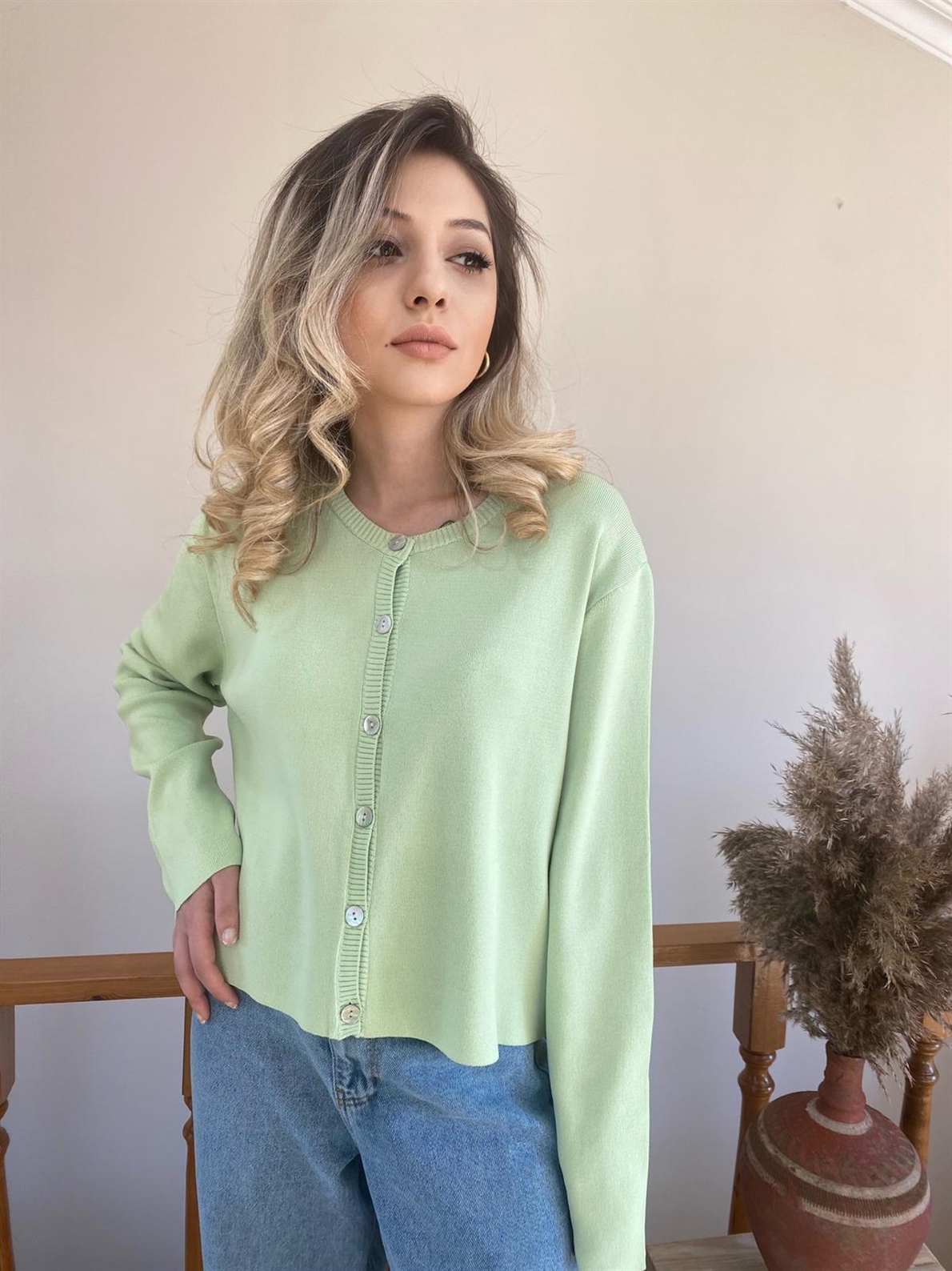 Yeşil Bisiklet Yaka Hırka