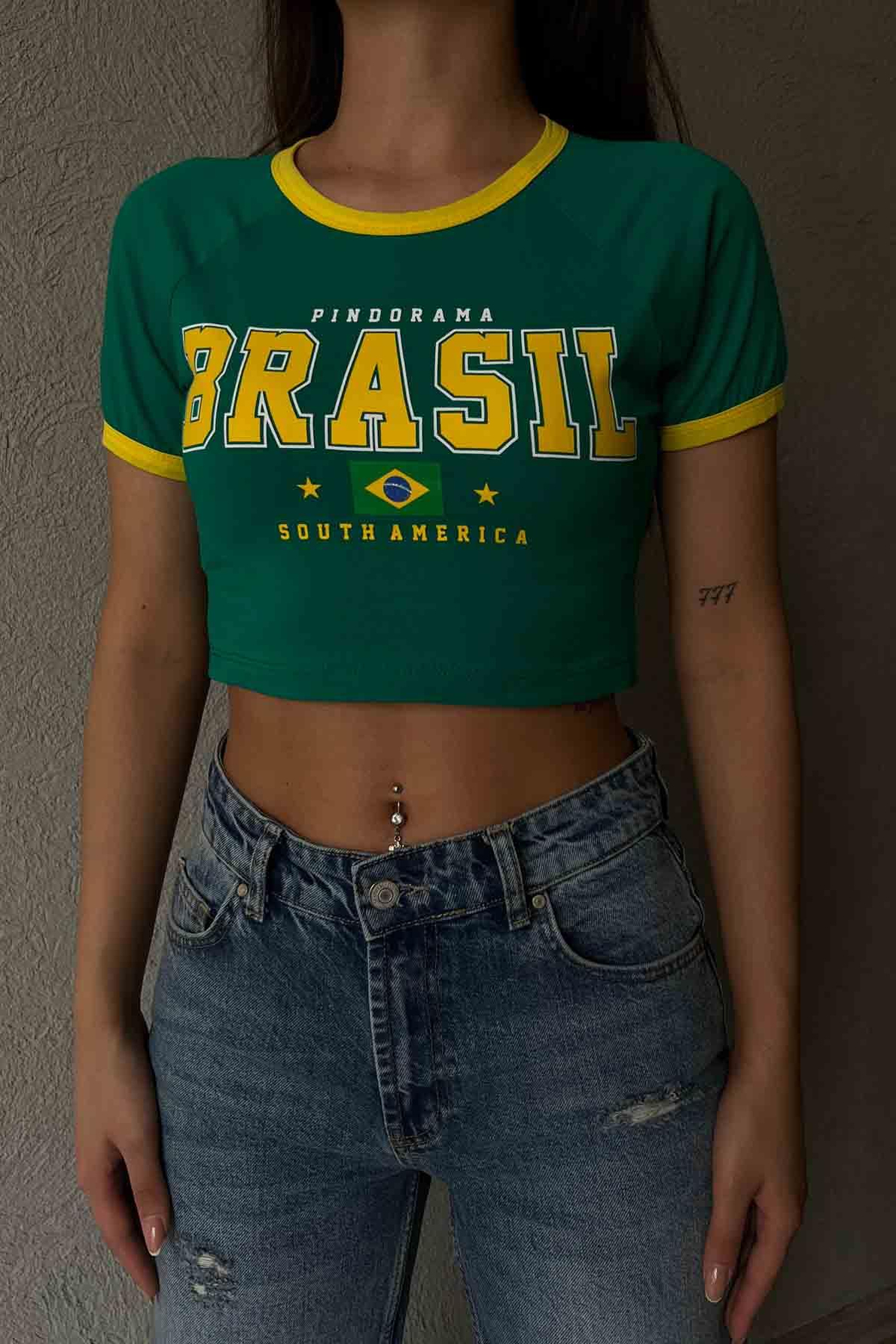 Yeşil Brasıl Baskılı Crop T-shırt