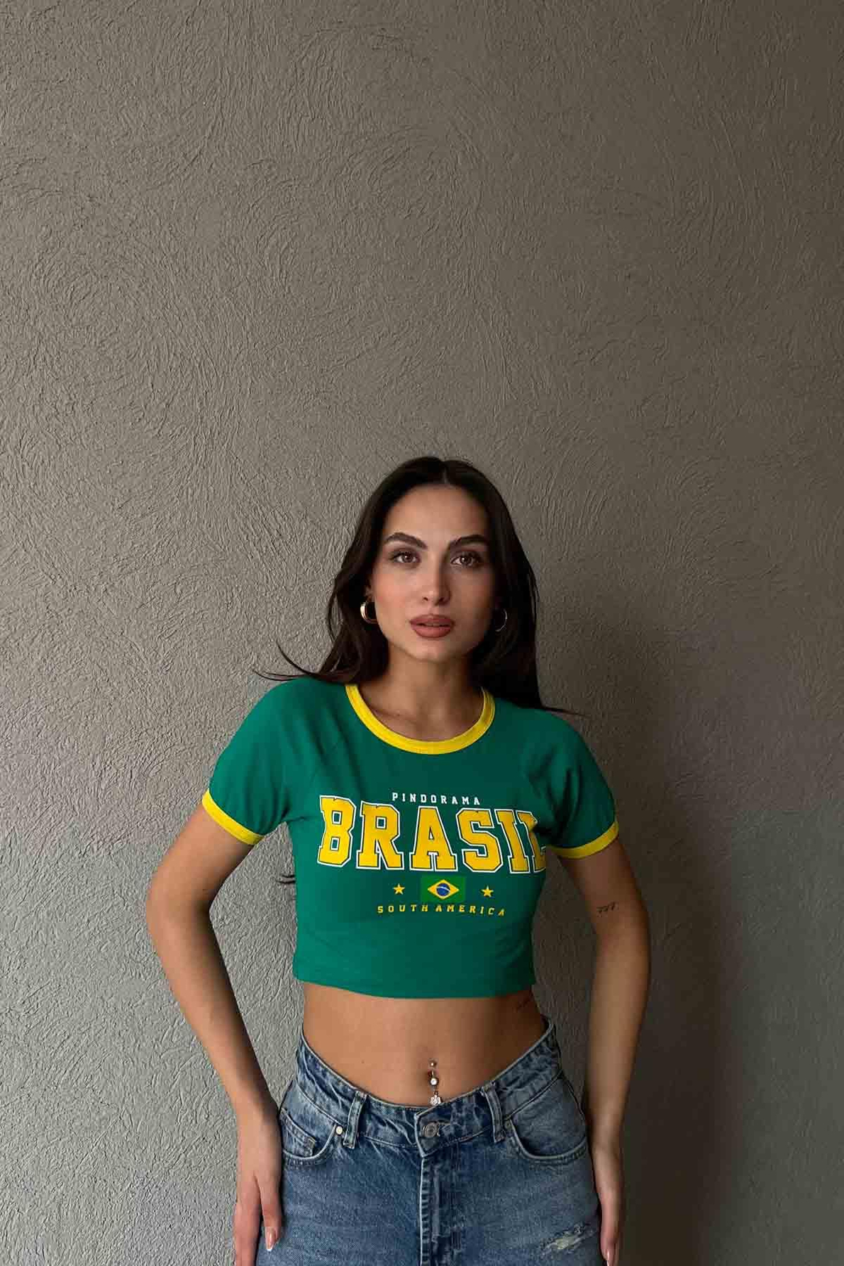 Yeşil Brasıl Baskılı Crop T-shırt