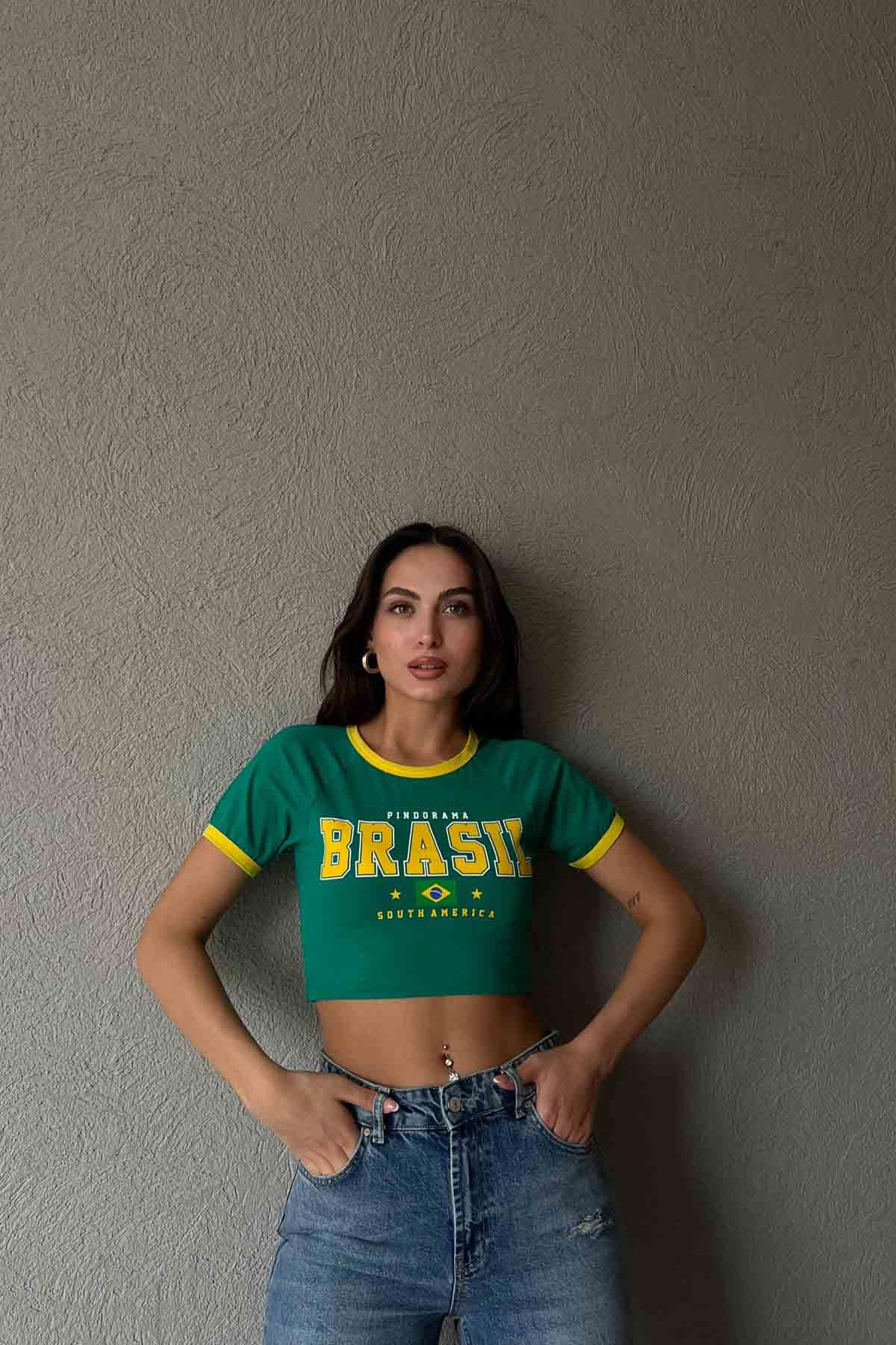 Yeşil Brasıl Baskılı Crop T-shırt