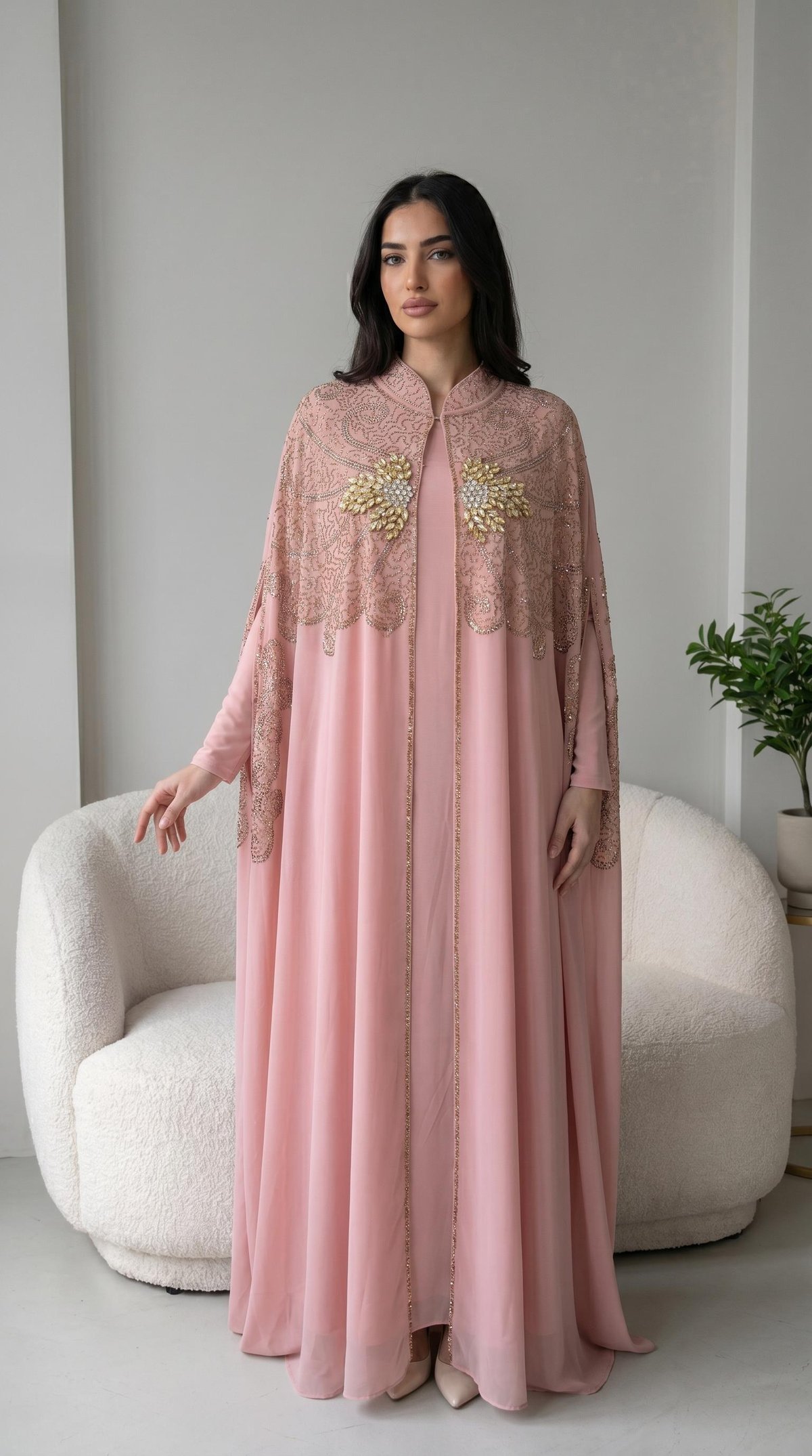 Önü Gold Taş İşlemeli Pudra Abaya