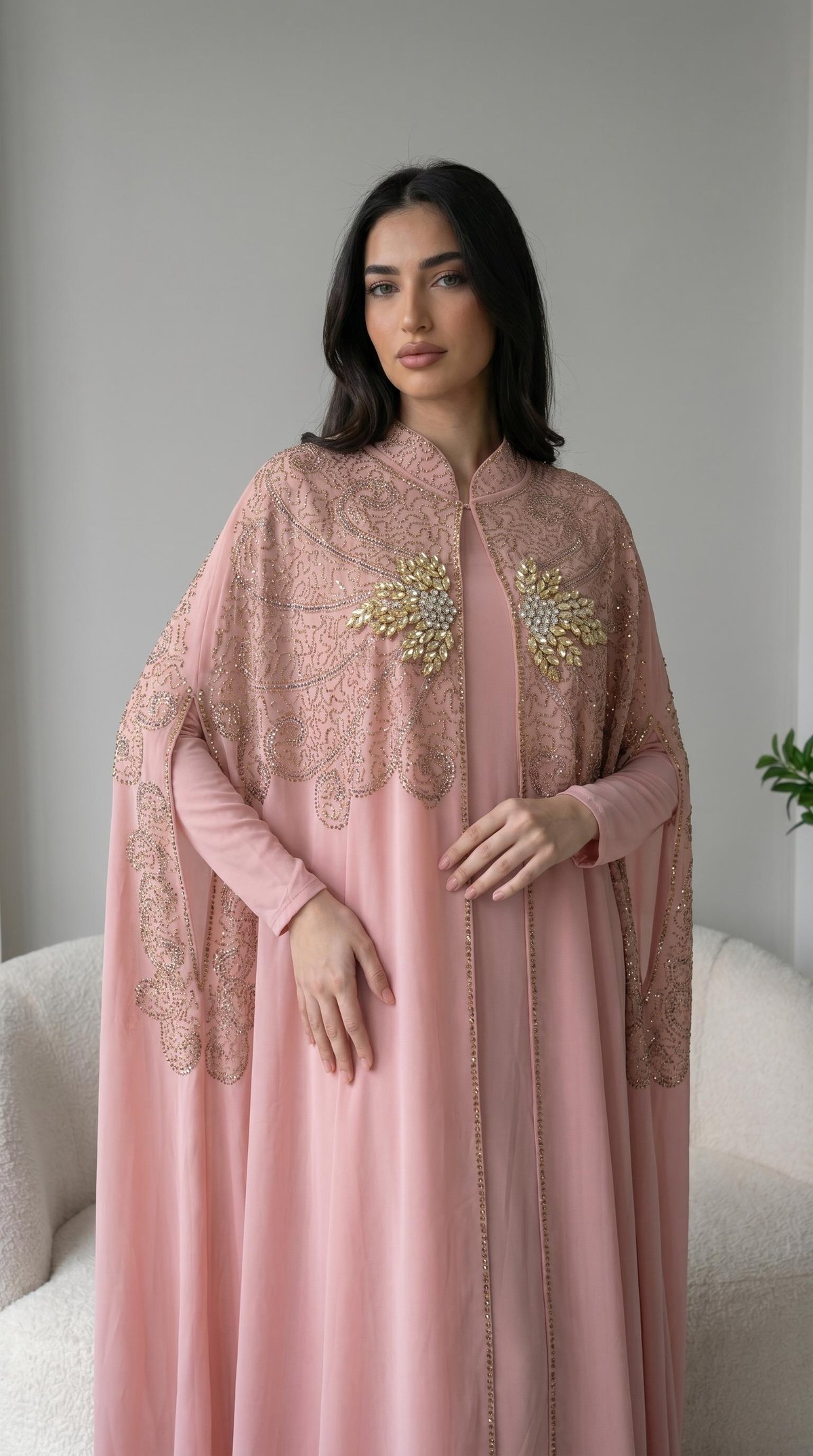 Önü Gold Taş İşlemeli Pudra Abaya