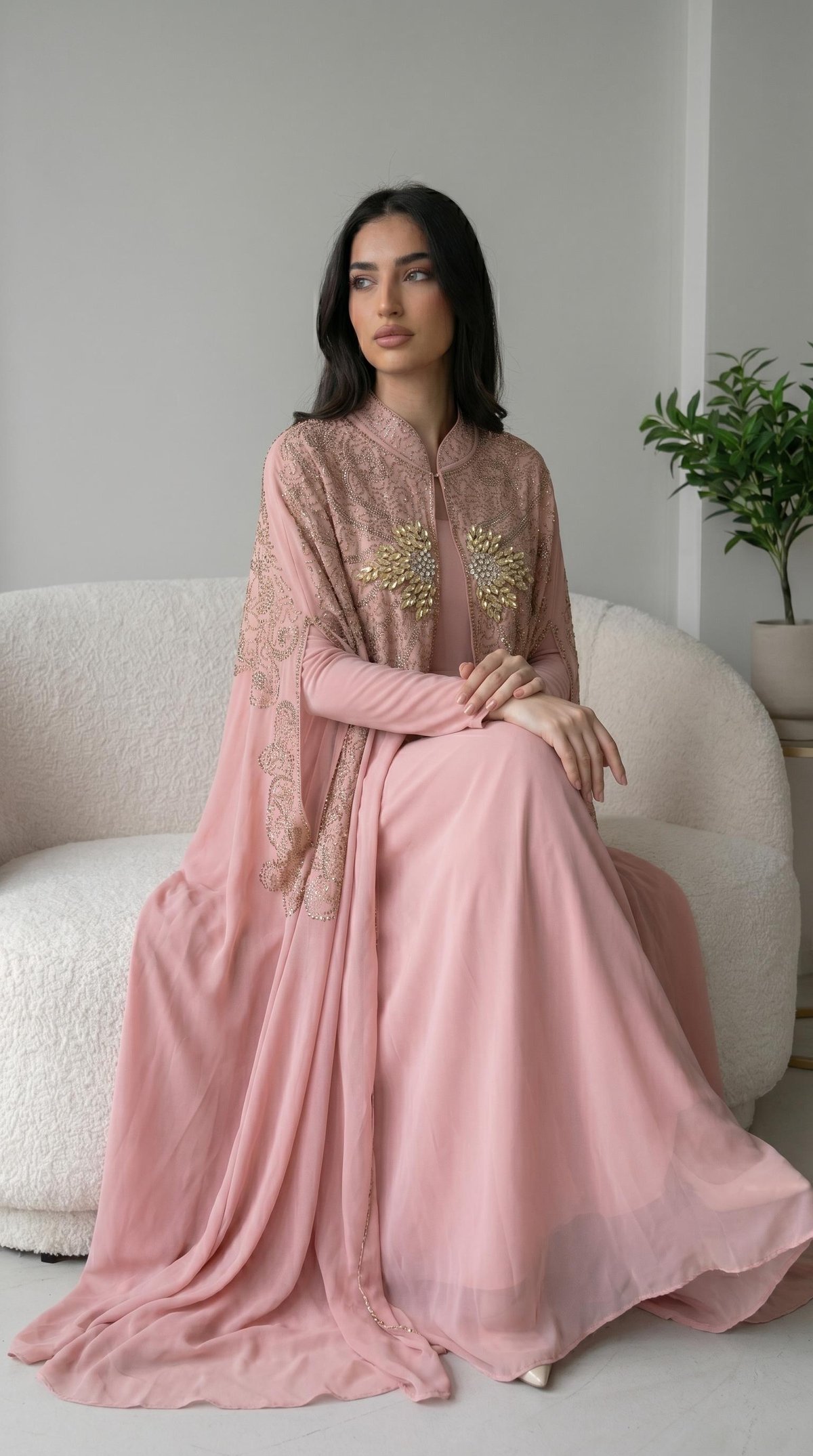 Önü Gold Taş İşlemeli Pudra Abaya