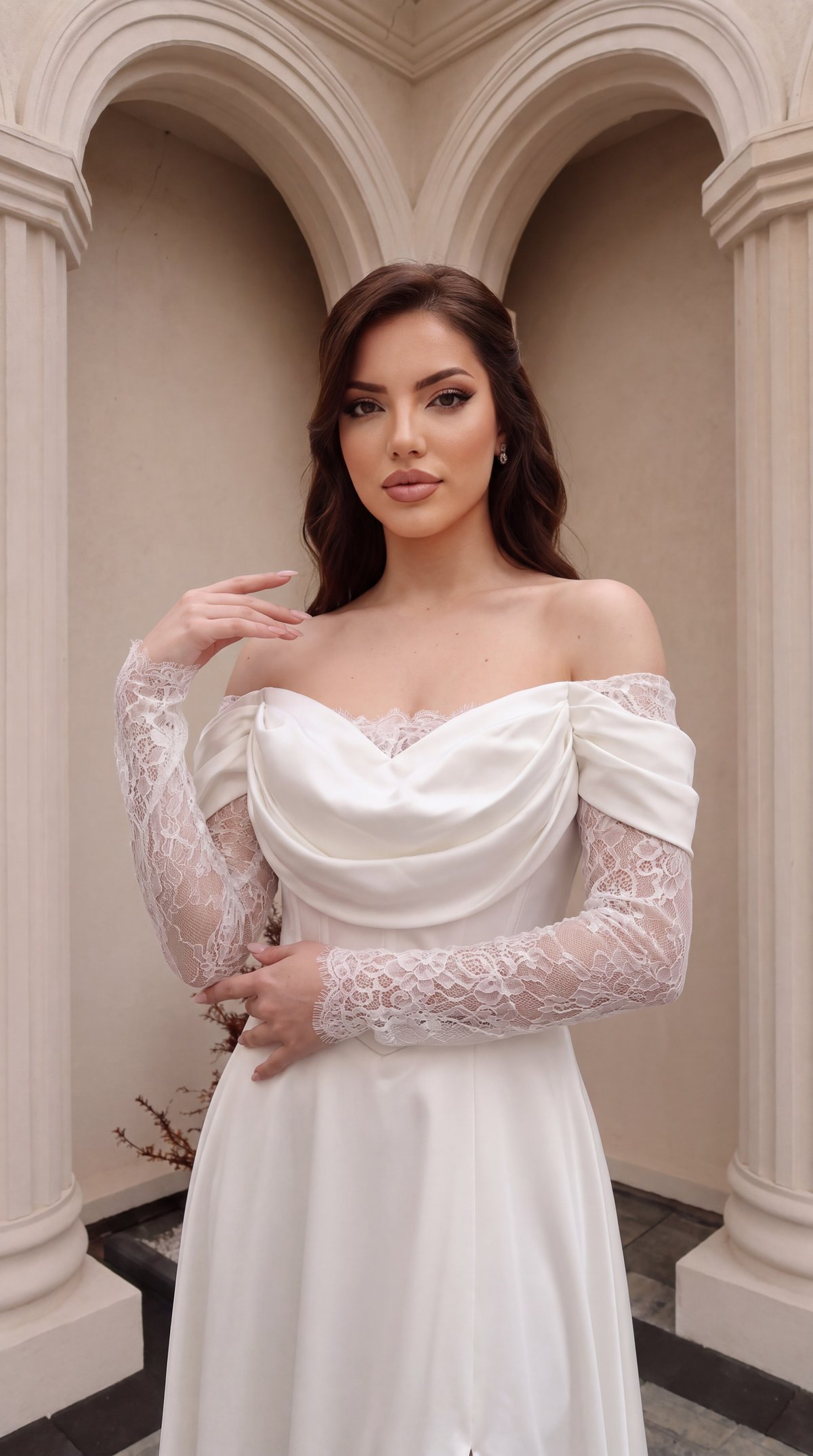 Off-The-Shoulder Draped Cowl Neck Lace Sleeve Ivory Evening Dress