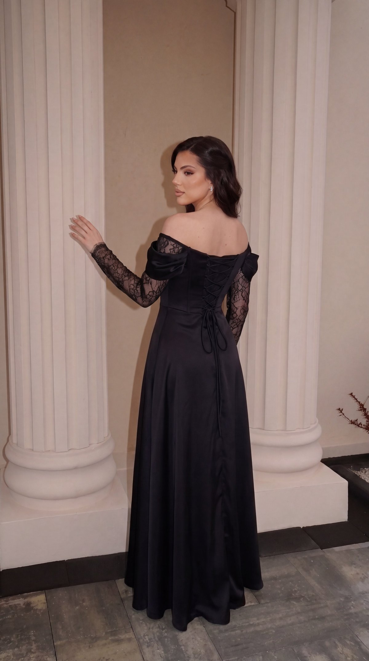 Off-The-Shoulder Draped Cowl Neck Lace Sleeve Black Evening Dress
