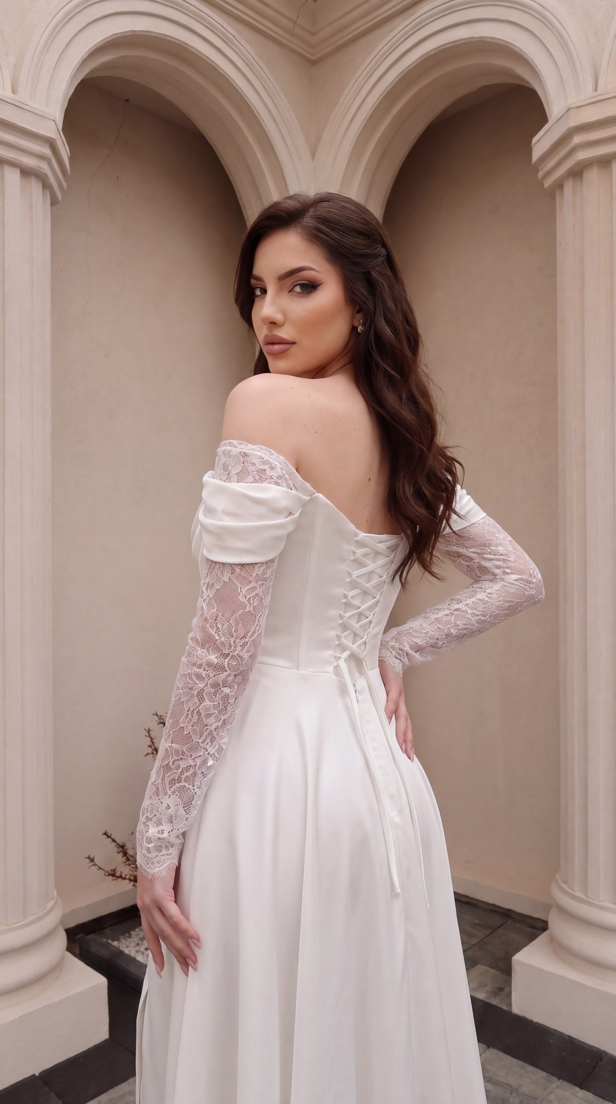 Off-The-Shoulder Draped Cowl Neck Lace Sleeve Ivory Evening Dress