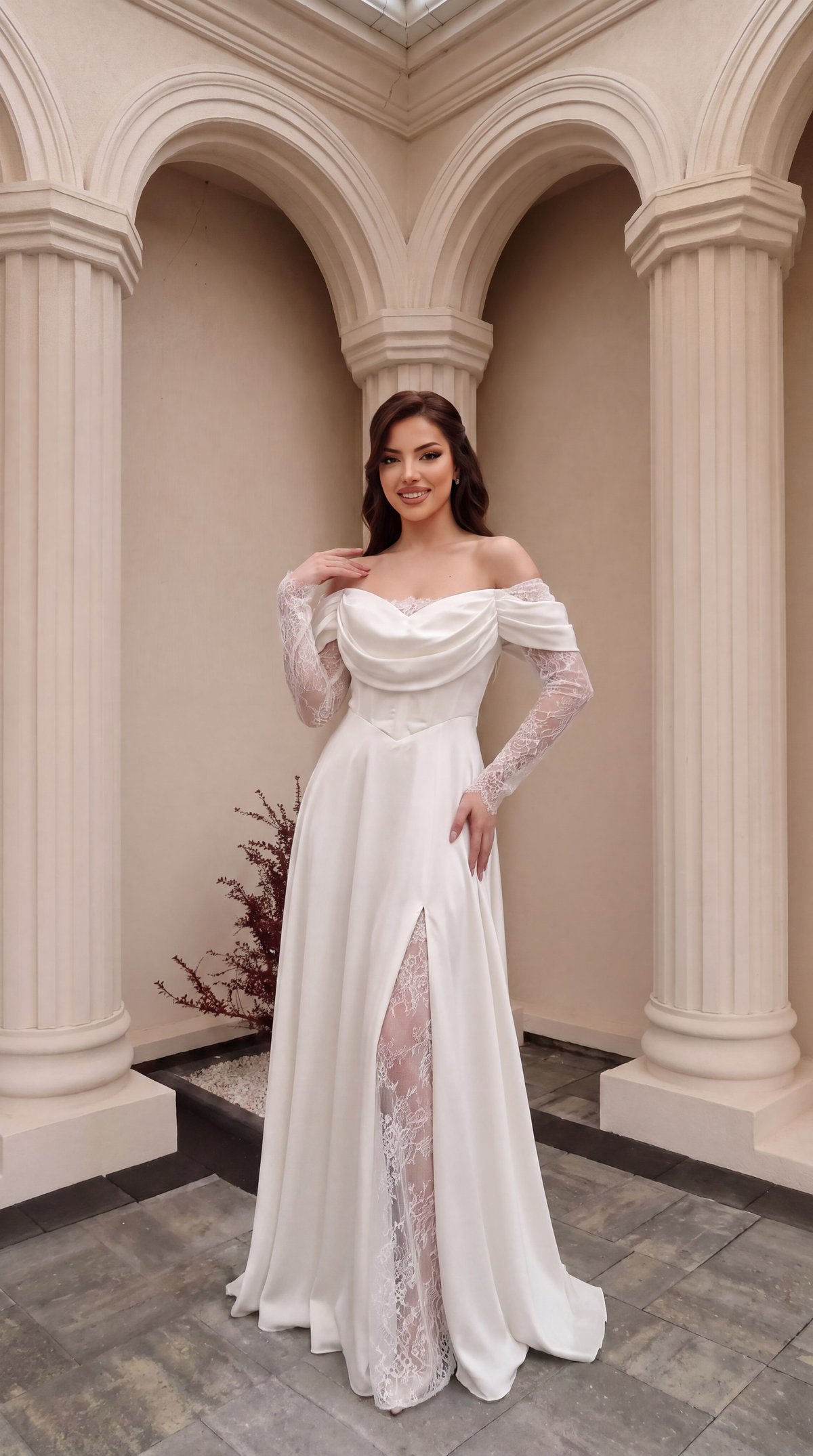 Off-The-Shoulder Draped Cowl Neck Lace Sleeve Ivory Evening Dress
