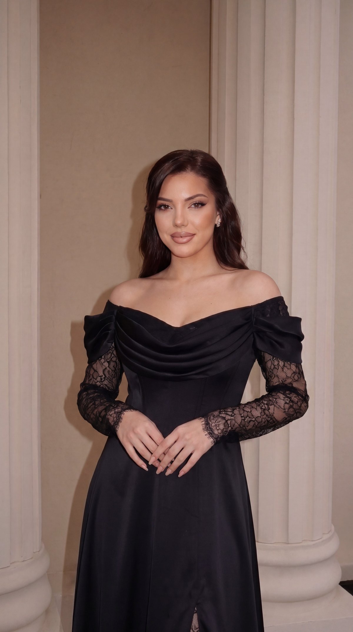 Off-The-Shoulder Draped Cowl Neck Lace Sleeve Black Evening Dress