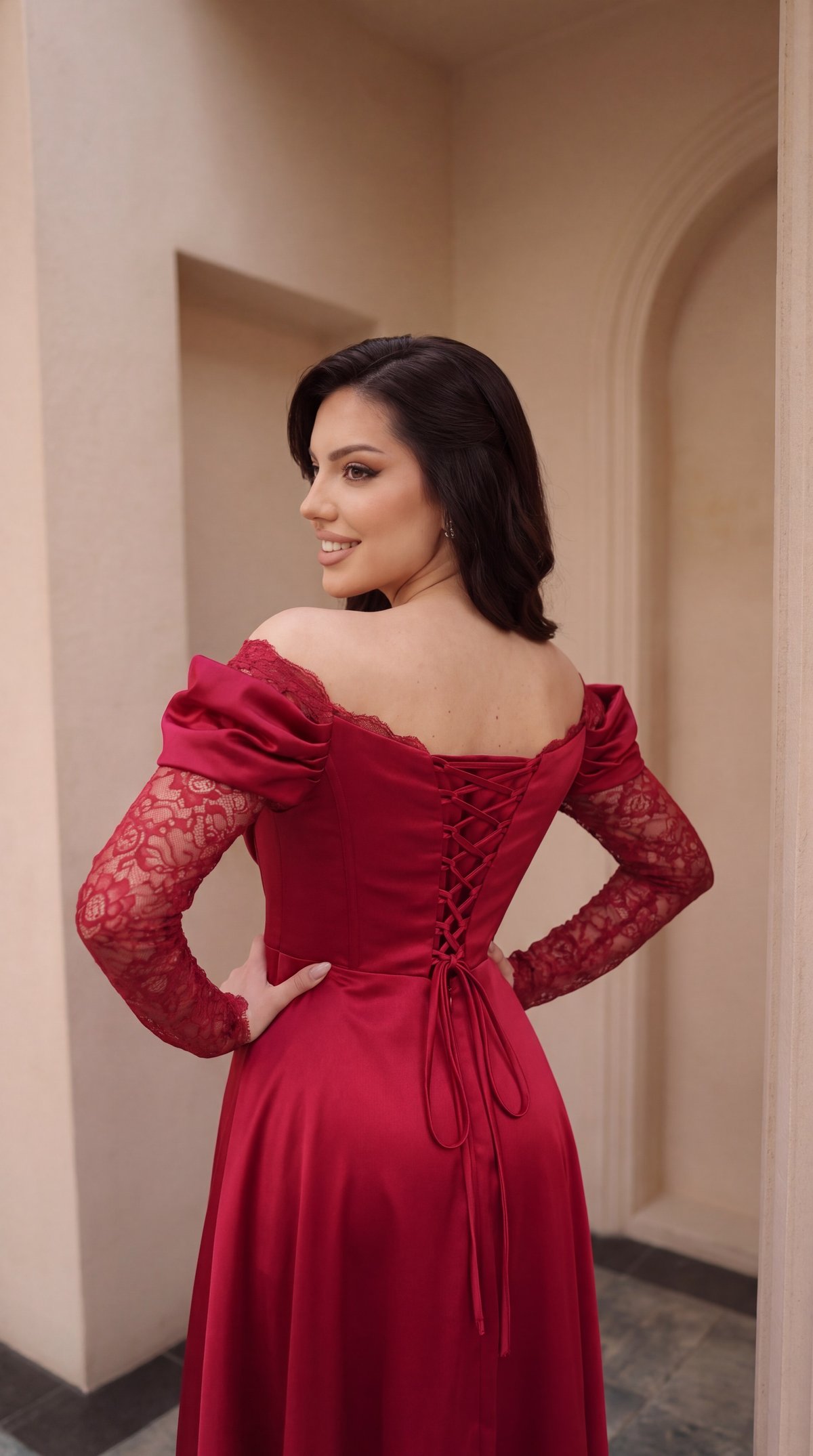 Off-The-Shoulder Draped Cowl Neck Lace Sleeve Red Evening Dress